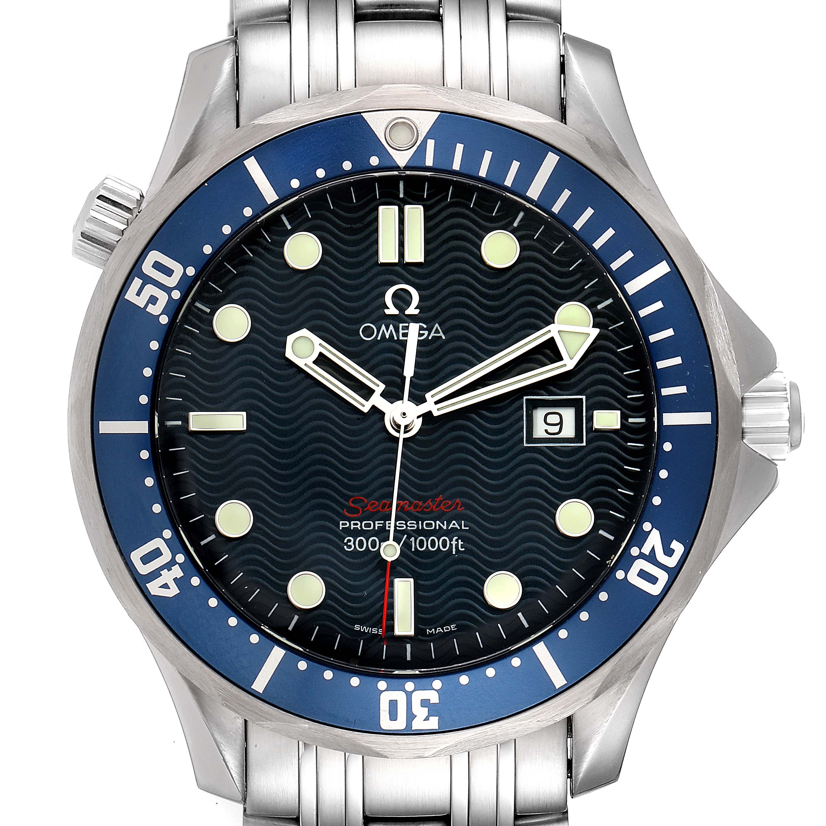 The image shows a front view of the Omega Seamaster 2221.80.00 Men's Stainless Steel Blue Dial 2221.80.00 Men's Stainless Steel Blue Dial watch, depicting the dial, bezel, and part of the bracelet.