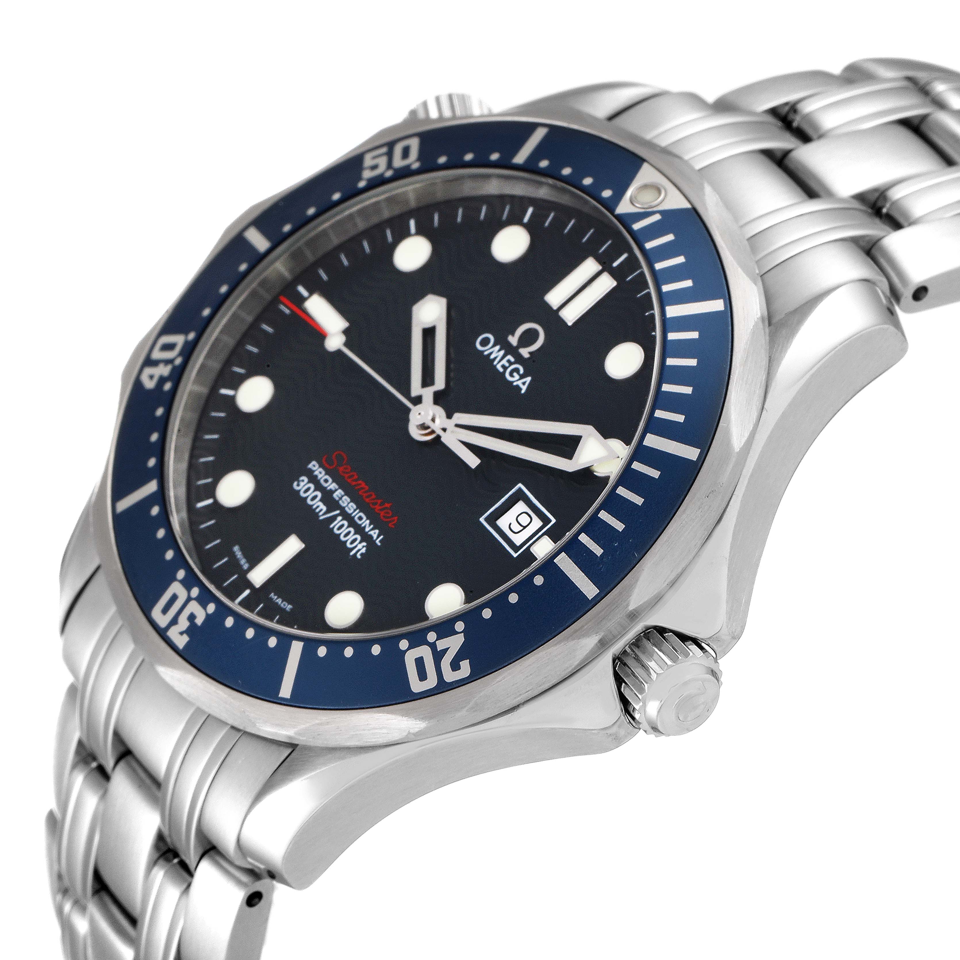 This image of the Omega Seamaster 2221.80.00 Men's Stainless Steel Blue Dial 2221.80.00 Men's Stainless Steel Blue Dial watch shows an angled view of the dial, bezel, crown, and a portion of the stainless steel bracelet.
