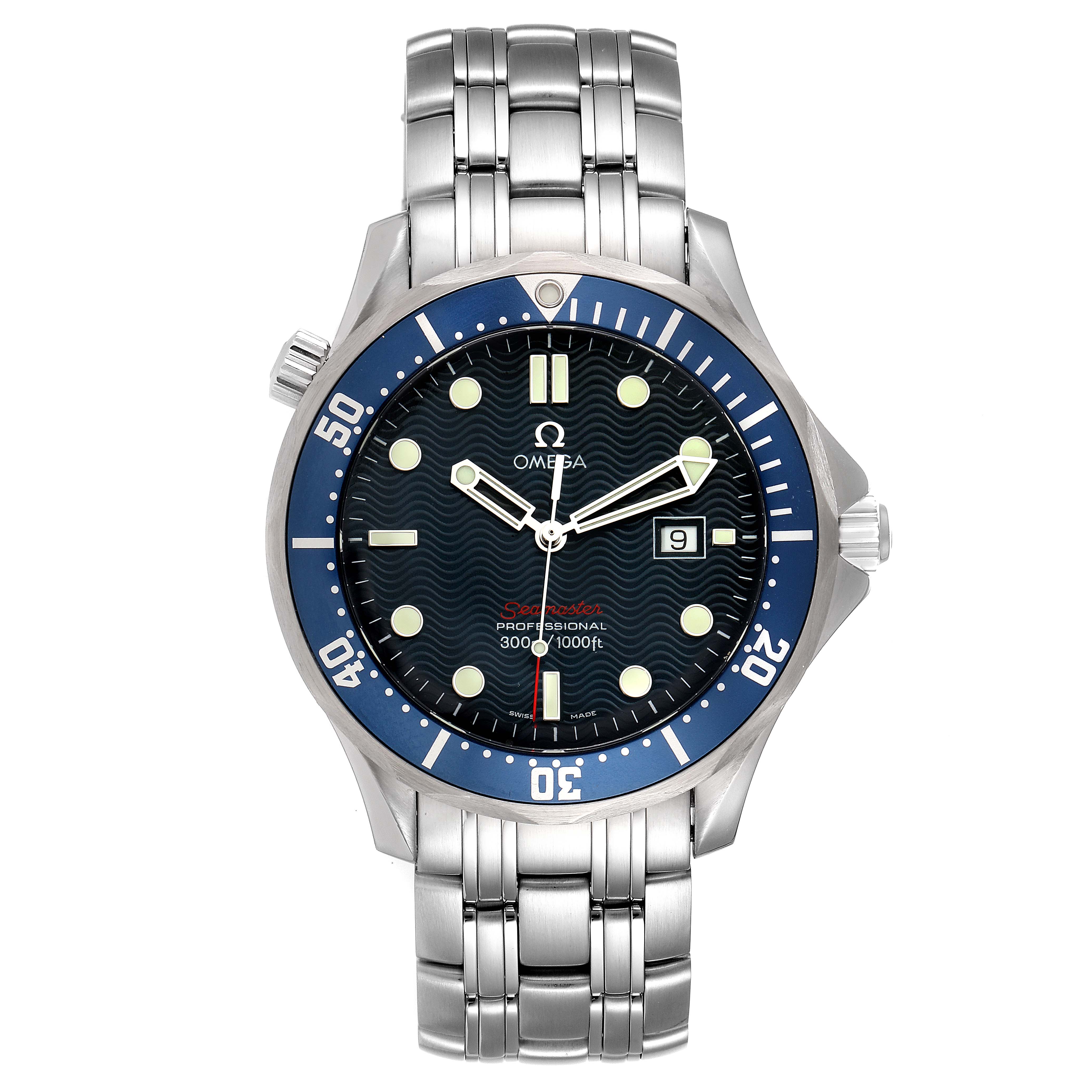 The image shows a front view of the Omega Seamaster 2221.80.00 Men's Stainless Steel Blue Dial 2221.80.00 Men's Stainless Steel Blue Dial watch, highlighting the dial, hands, bezel, date window, and bracelet.