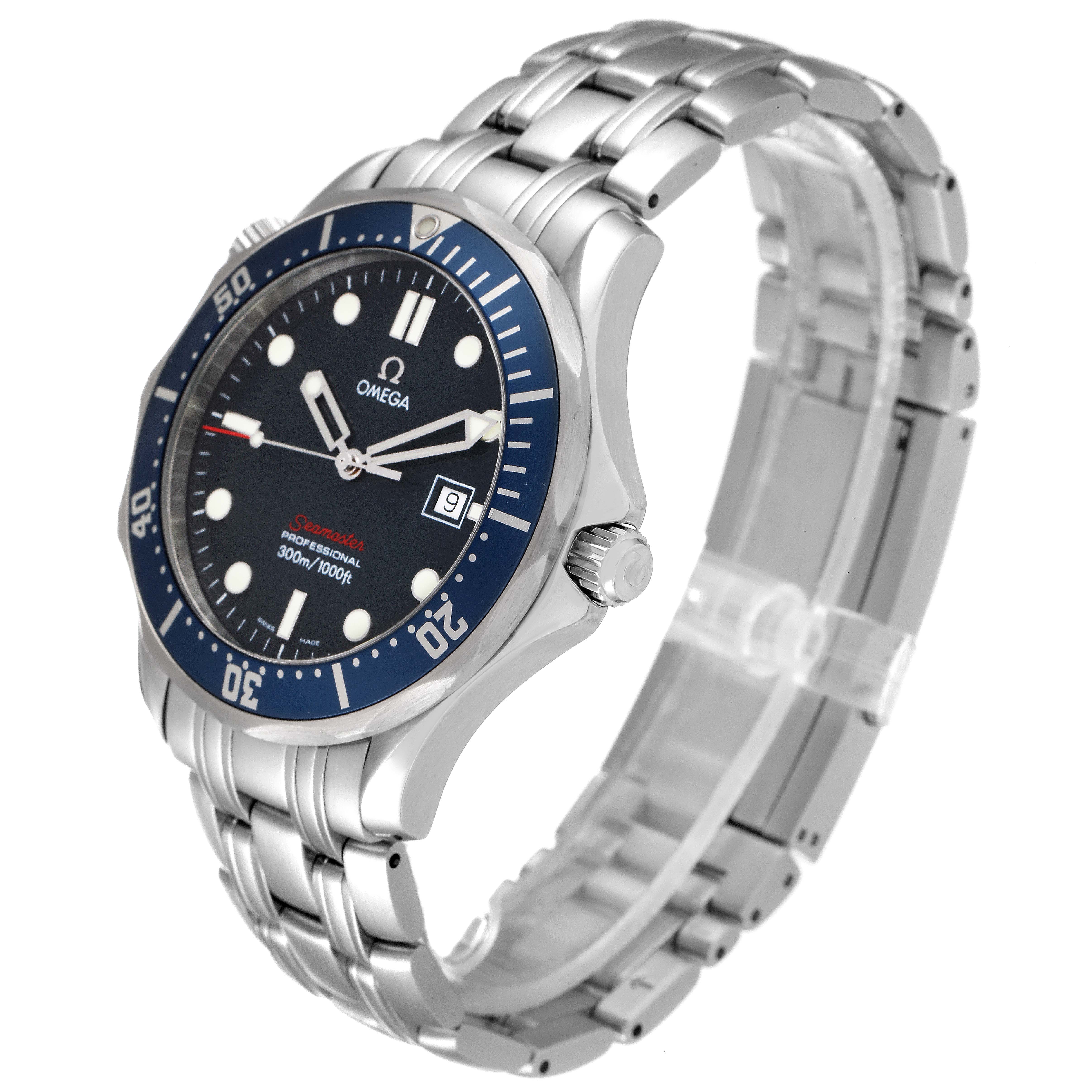 The Omega Seamaster 2221.80.00 Men's Stainless Steel Blue Dial 2221.80.00 Men's Stainless Steel Blue Dial watch is shown at a three-quarter angle, highlighting its face, bezel, crown, and metal bracelet.