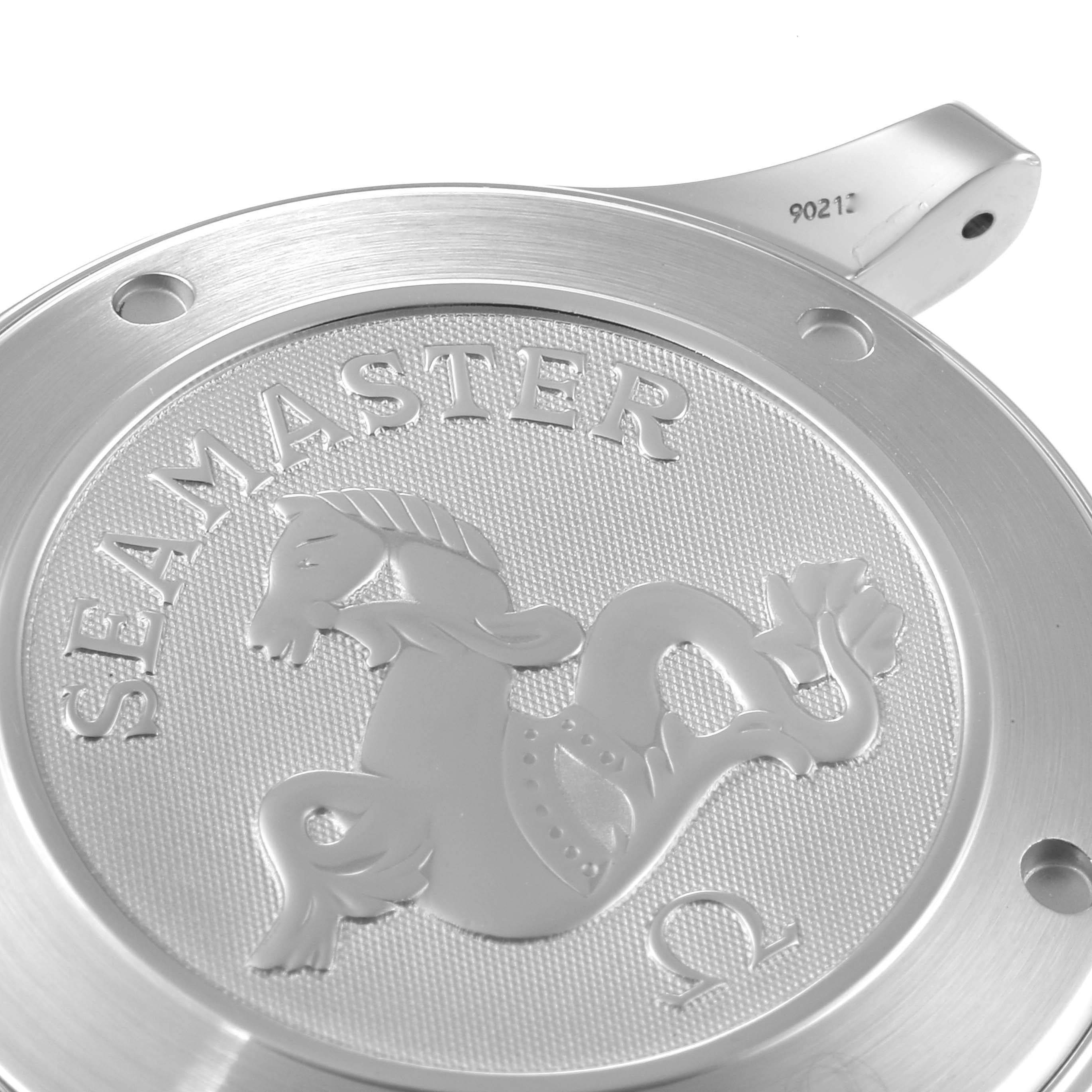 This image shows the case back of an Omega Seamaster 2221.80.00 Men's Stainless Steel Blue Dial 2221.80.00 Men's Stainless Steel Blue Dial watch, highlighting the Seahorse emblem and text.