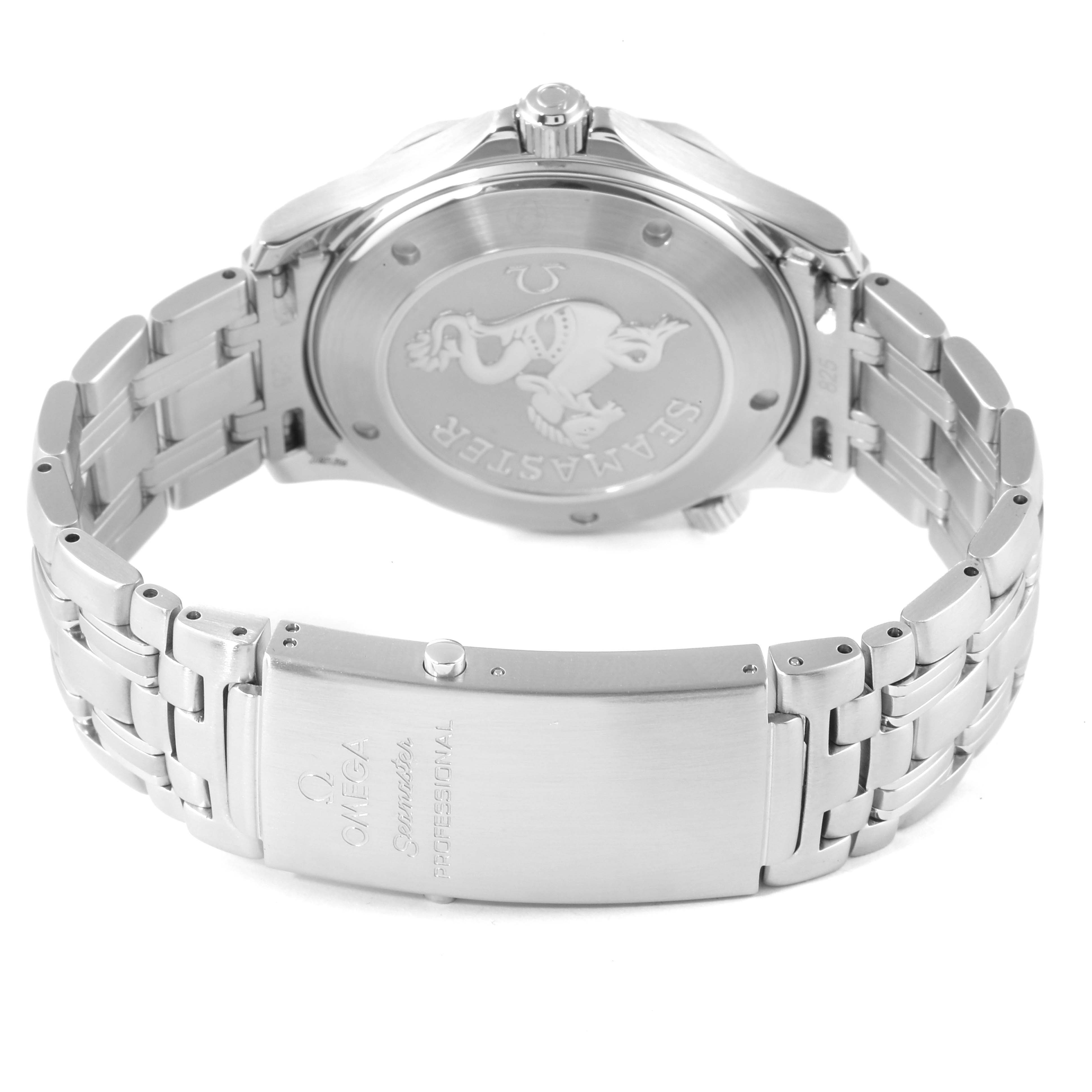 This image shows the back case and bracelet of the Omega Seamaster 2221.80.00 Men's Stainless Steel Blue Dial 2221.80.00 Men's Stainless Steel Blue Dial watch, highlighting the engraved logo and clasp.