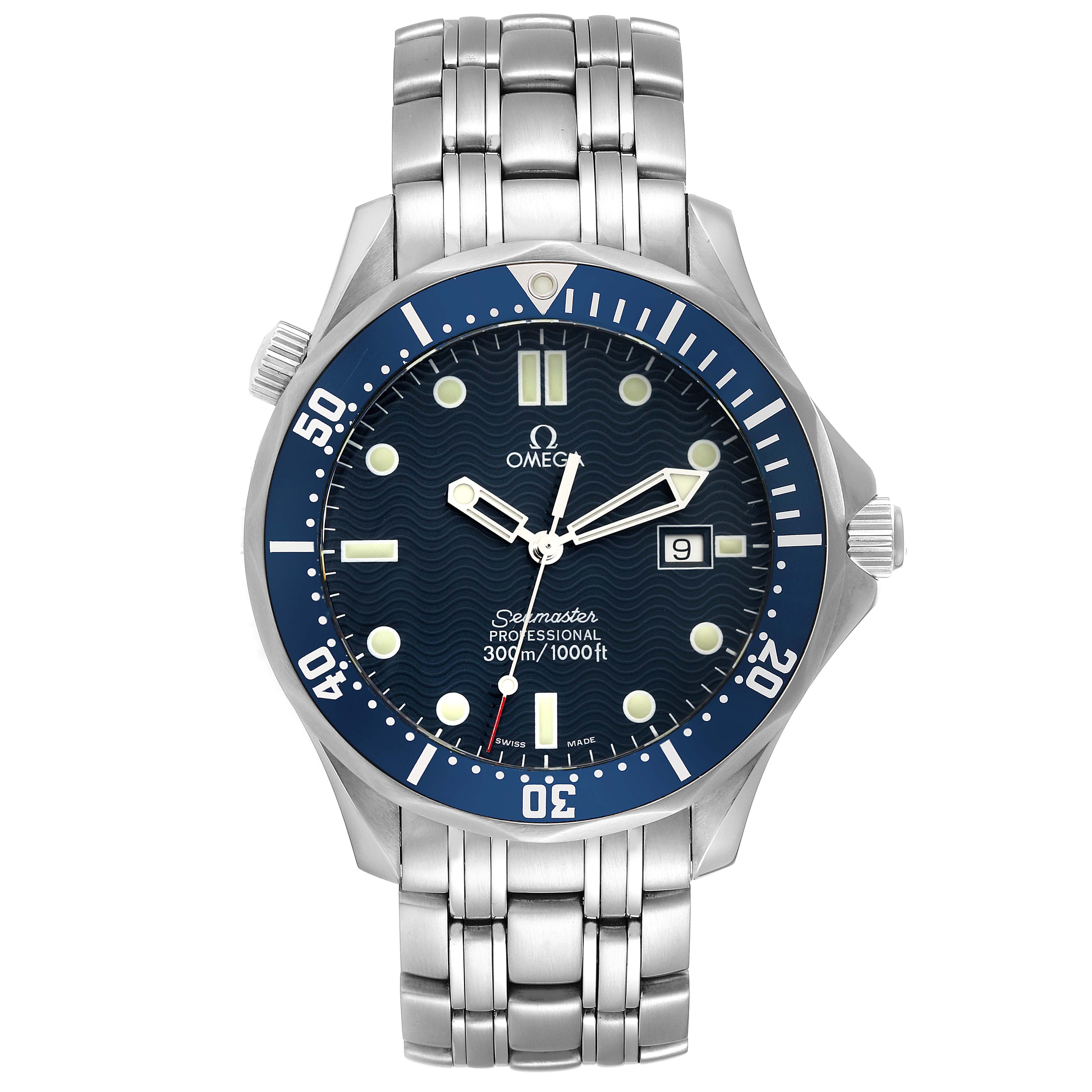 The image shows a front view of an Omega Seamaster 2541.80.00 Men's Stainless Steel Blue Dial 2541.80.00 Men's Stainless Steel Blue Dial watch with a blue dial, stainless steel case, and bracelet.