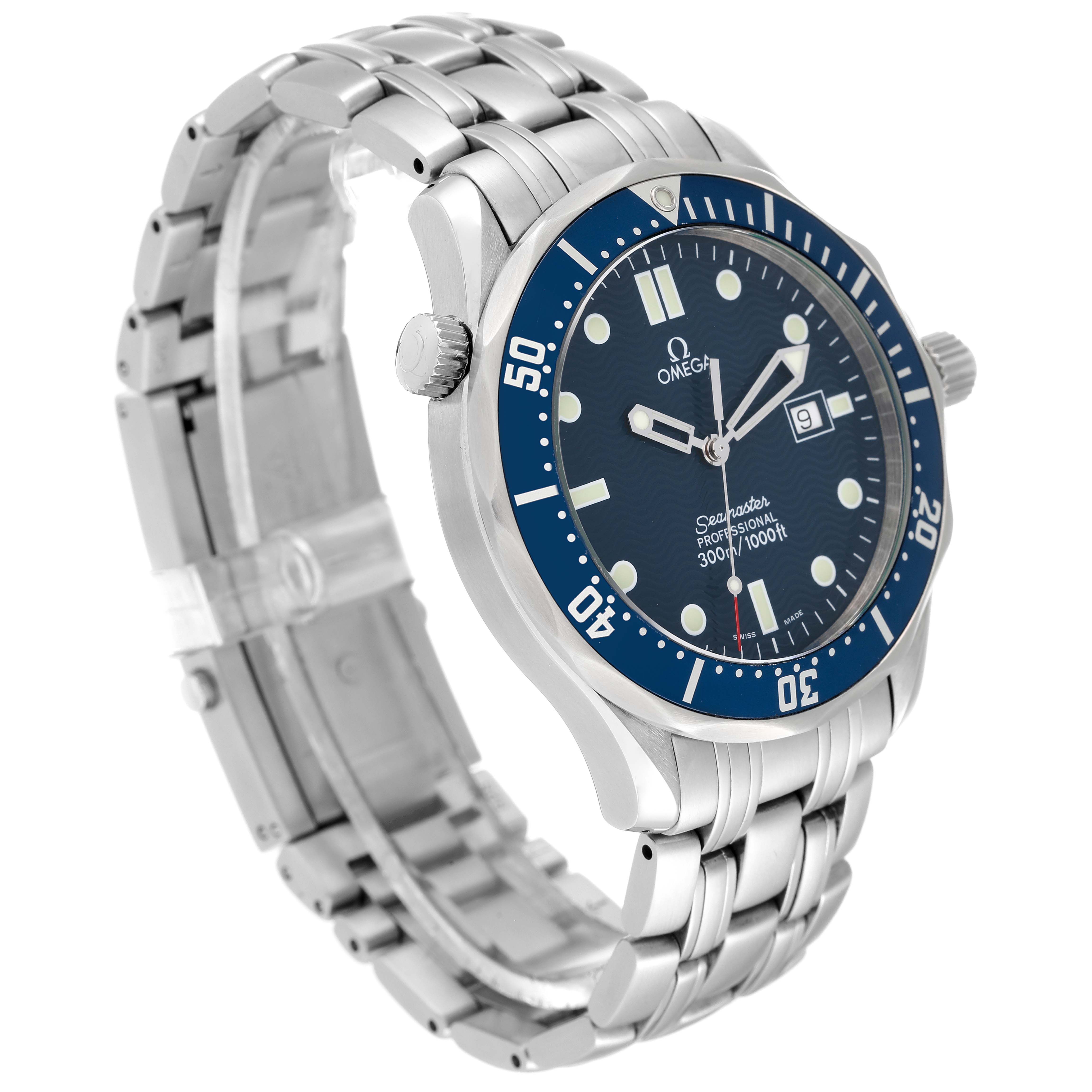 The Omega Seamaster 2541.80.00 Men's Stainless Steel Blue Dial 2541.80.00 Men's Stainless Steel Blue Dial watch is shown at an angle highlighting the blue dial, stainless steel bezel, and bracelet.