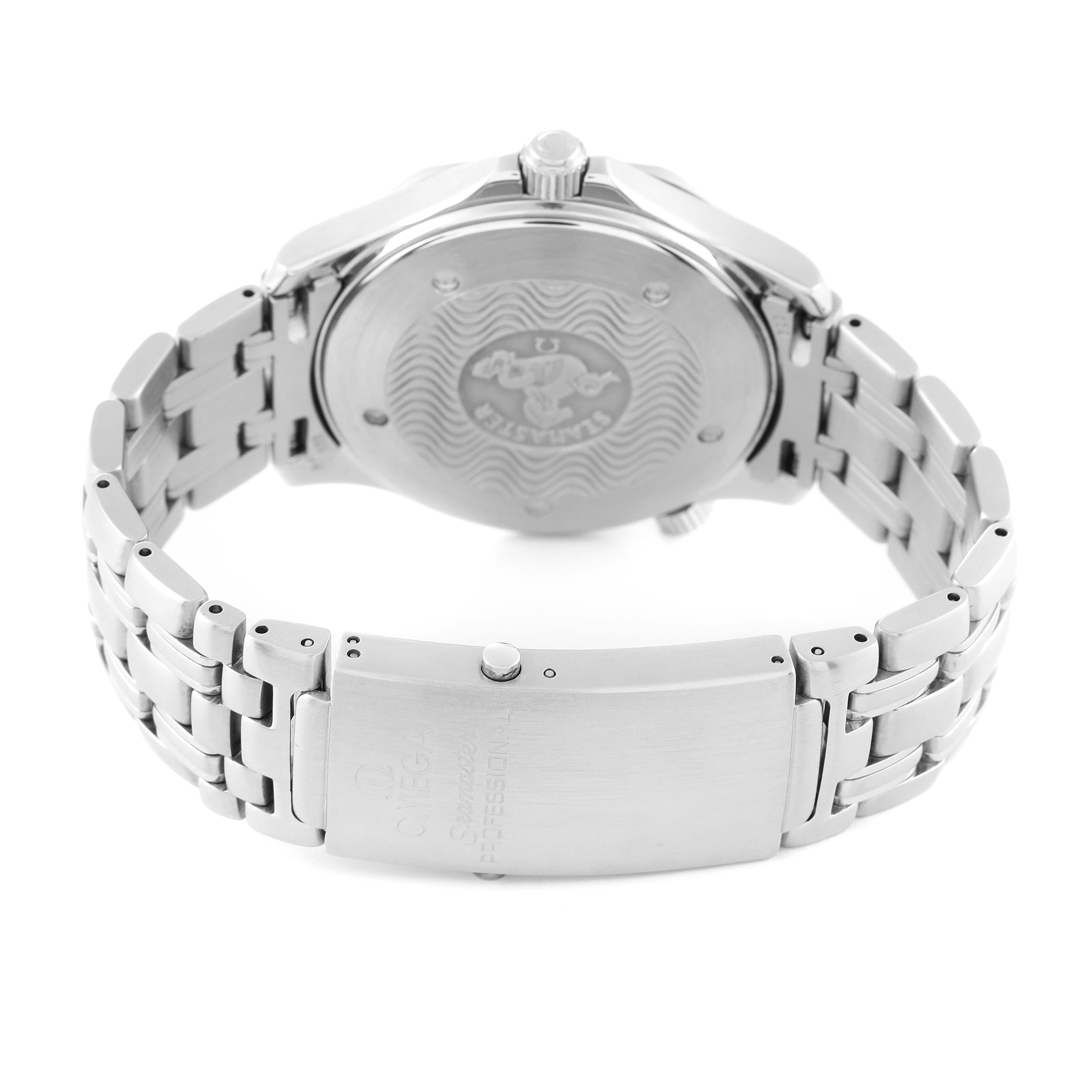 The image shows the back case, crown, and a portion of the bracelet of an Omega Seamaster 2541.80.00 Men's Stainless Steel Blue Dial 2541.80.00 Men's Stainless Steel Blue Dial watch.