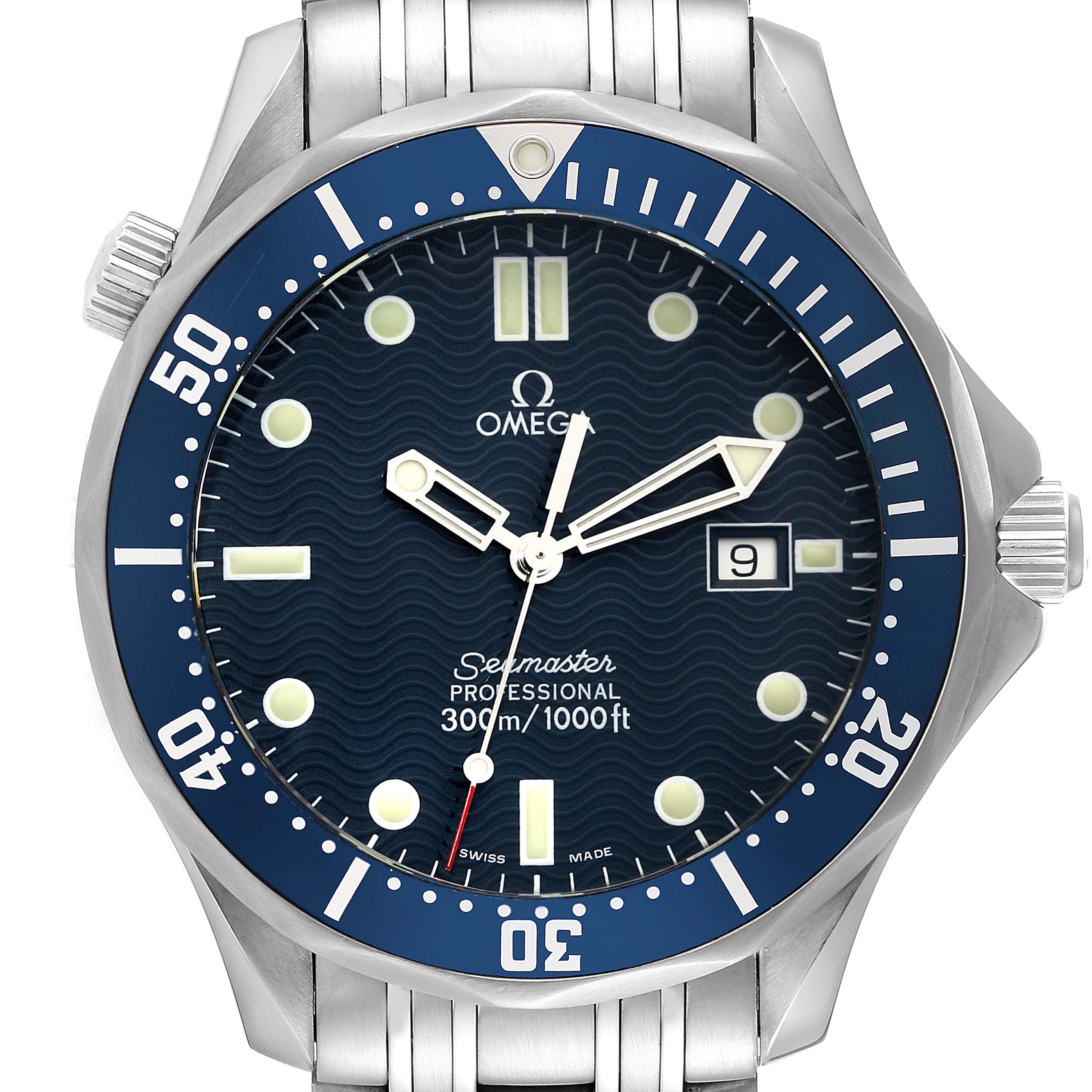 The Omega Seamaster 2541.80.00 Men's Stainless Steel Blue Dial 2541.80.00 Men's Stainless Steel Blue Dial watch model is shown from a frontal angle displaying the dial, bezel, and part of the bracelet.