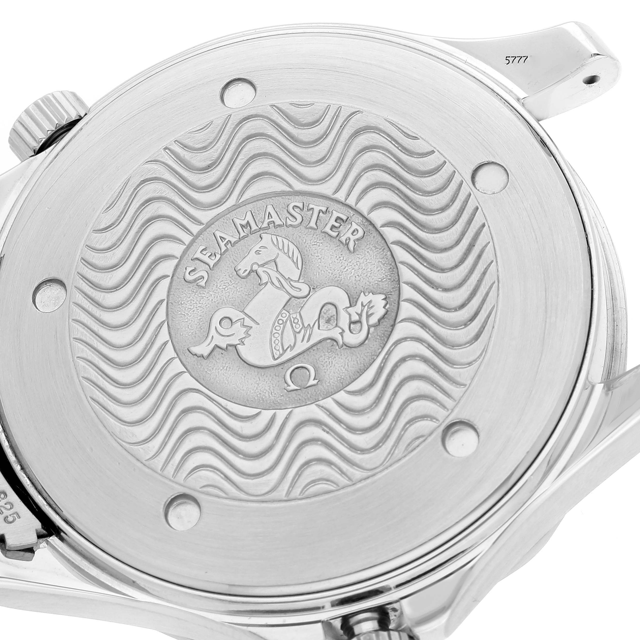 The image shows the case back of an Omega Seamaster 2541.80.00 Men's Stainless Steel Blue Dial 2541.80.00 Men's Stainless Steel Blue Dial watch, highlighting its embossed logo and textured wave pattern.