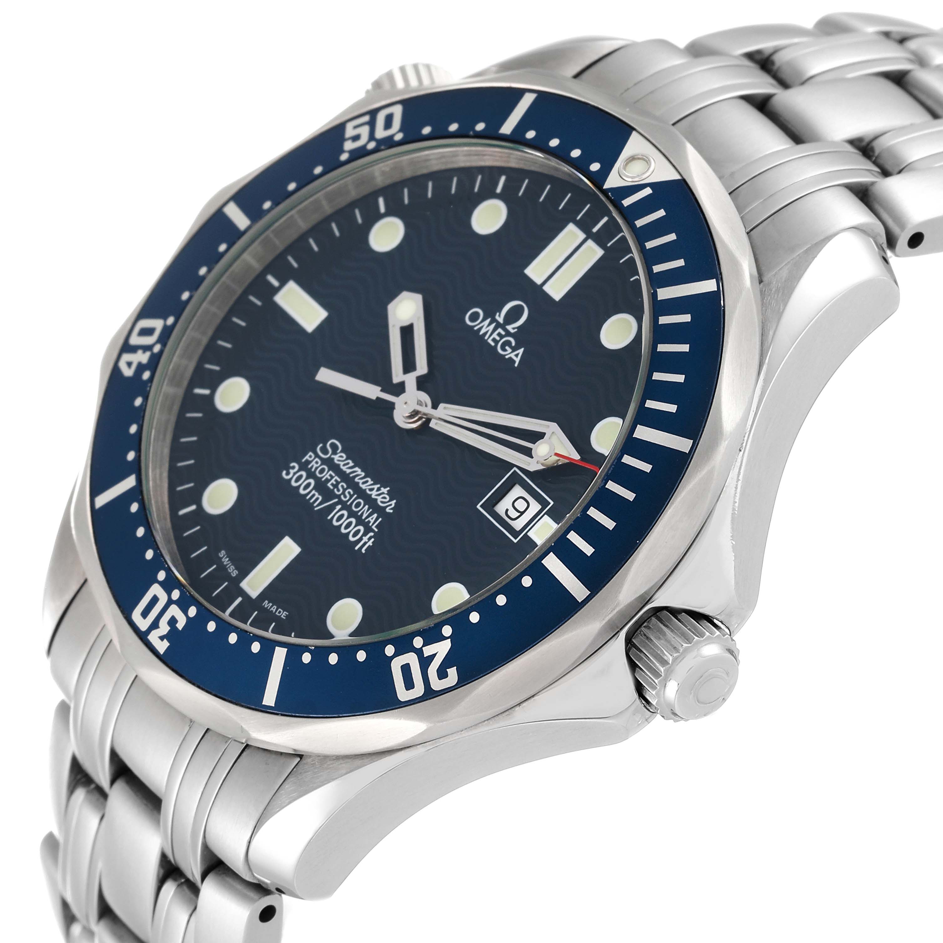 The Omega Seamaster 2541.80.00 Men's Stainless Steel Blue Dial 2541.80.00 Men's Stainless Steel Blue Dial watch is shown at an angled close-up, highlighting its face, bezel, crown, and bracelet.