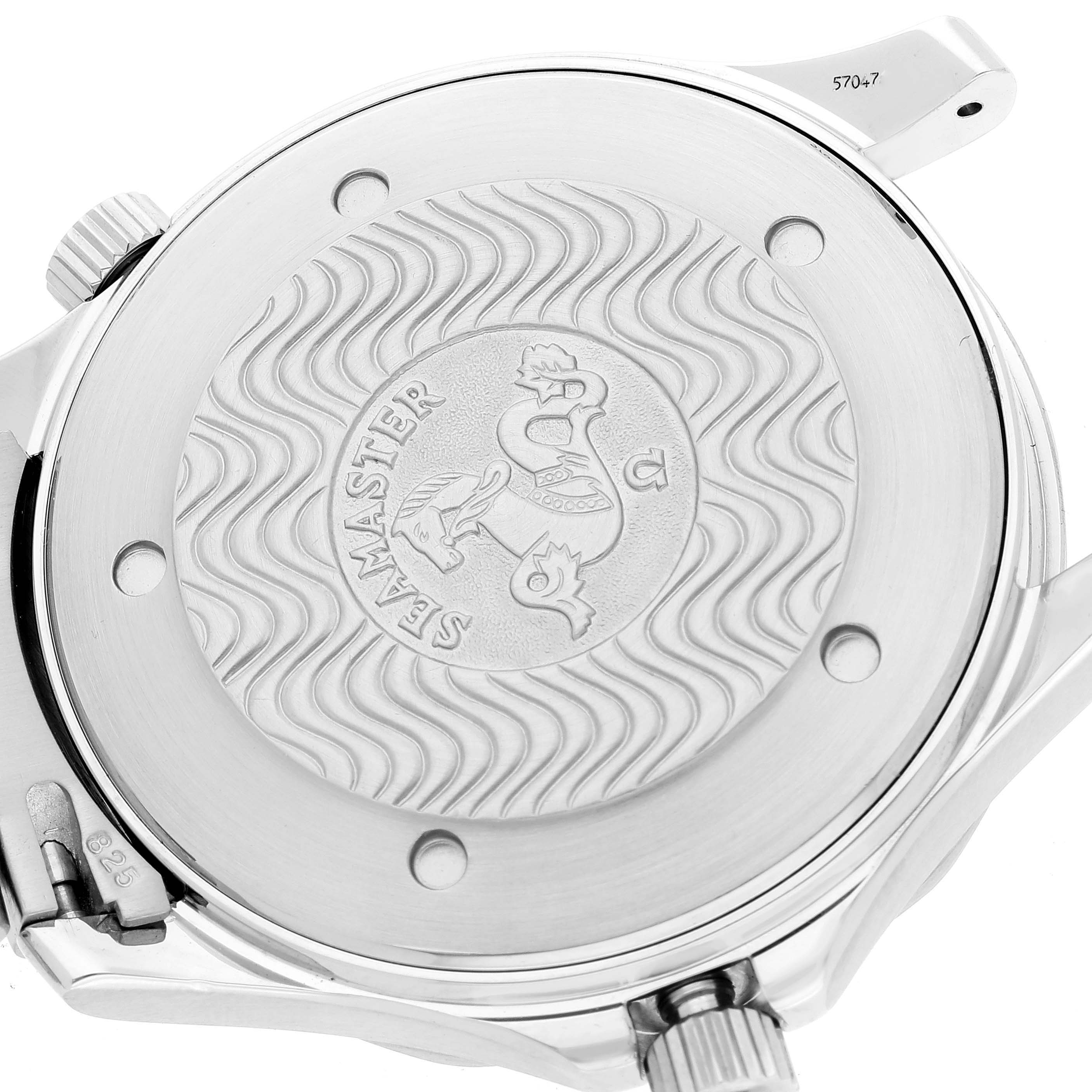 This is a close-up shot of the back case of an Omega Seamaster 2541.80.00 Men's Stainless Steel Blue Dial 2541.80.00 Men's Stainless Steel Blue Dial watch, showing its engraved logo and wave pattern.