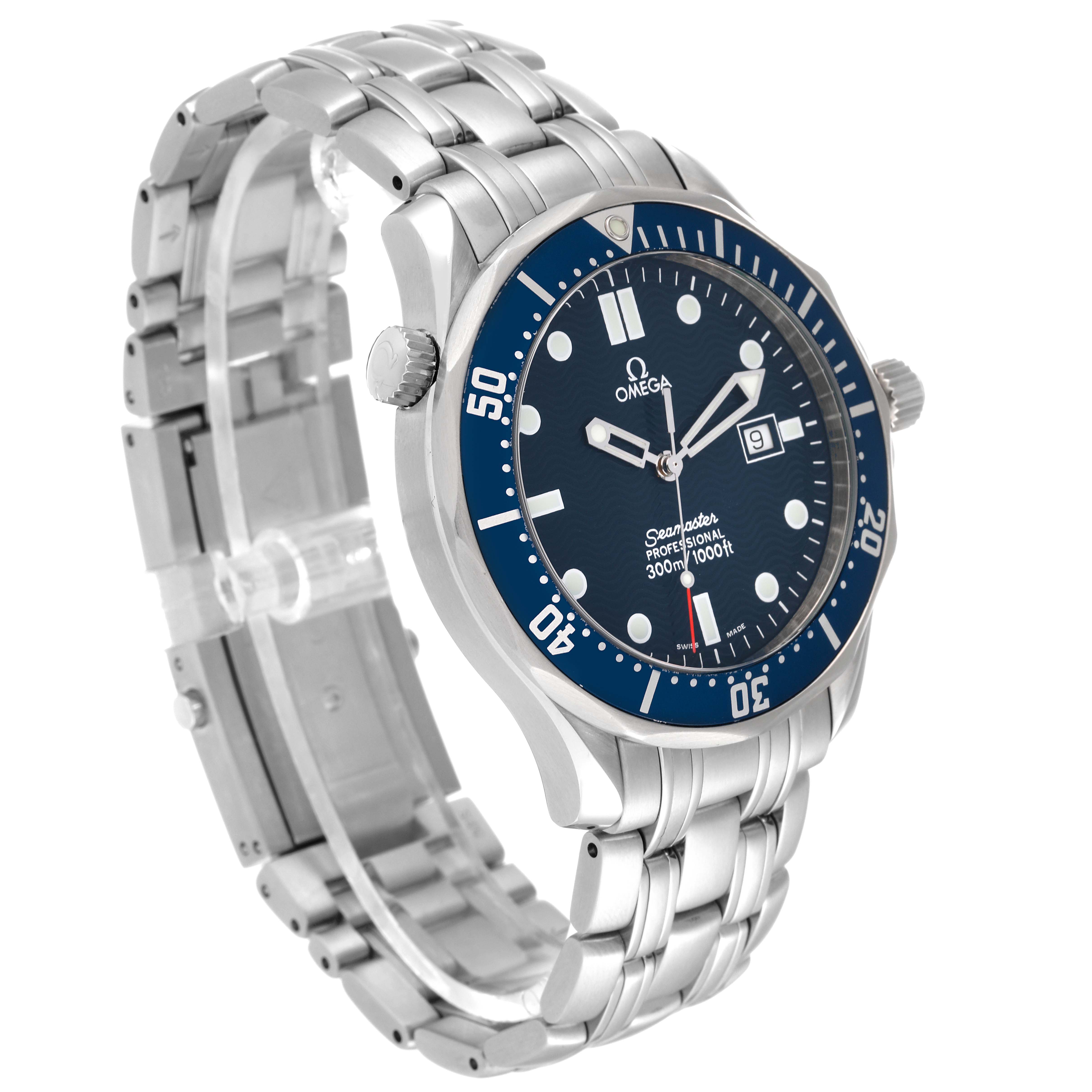 The image shows a side angle of the Omega Seamaster 2541.80.00 Men's Stainless Steel Blue Dial 2541.80.00 Men's Stainless Steel Blue Dial watch showcasing its bracelet, bezel, and dial.