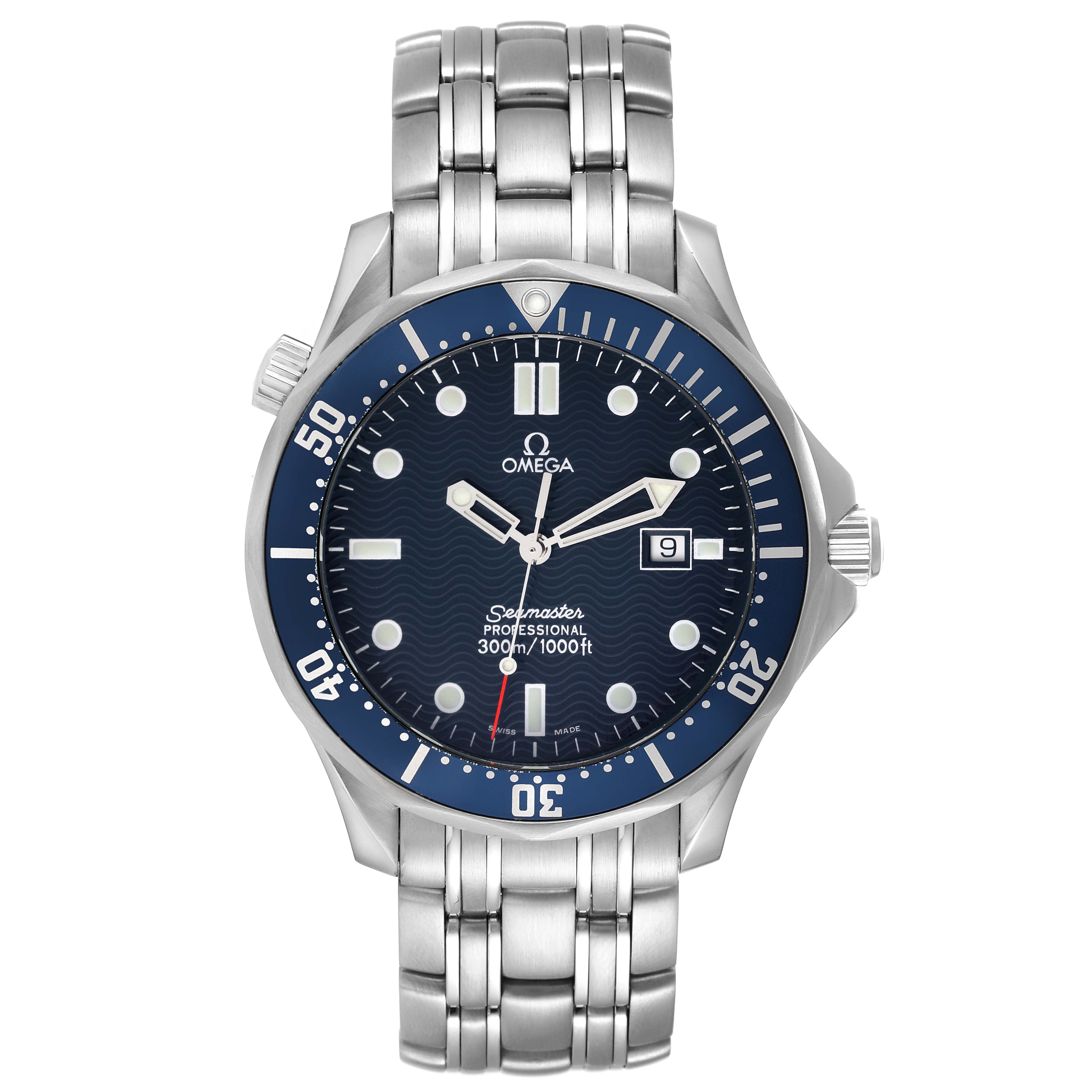 This image shows a front view of the Omega Seamaster 2541.80.00 Men's Stainless Steel Blue Dial 2541.80.00 Men's Stainless Steel Blue Dial watch, displaying the dial, bezel, and bracelet.