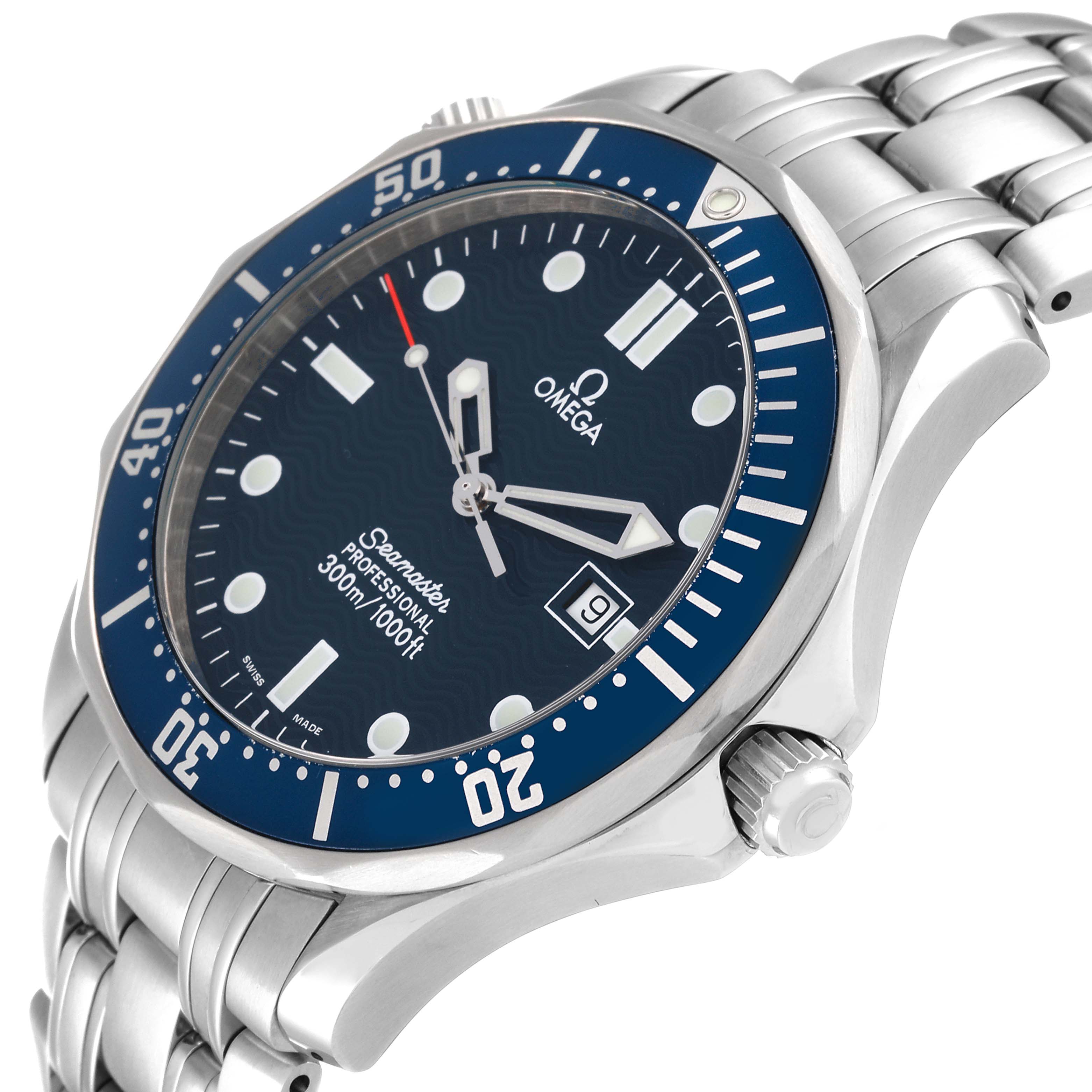 This image shows a side-angle view of the Omega Seamaster 2541.80.00 Men's Stainless Steel Blue Dial 2541.80.00 Men's Stainless Steel Blue Dial watch, highlighting its blue face, date display, bezel, and steel bracelet.