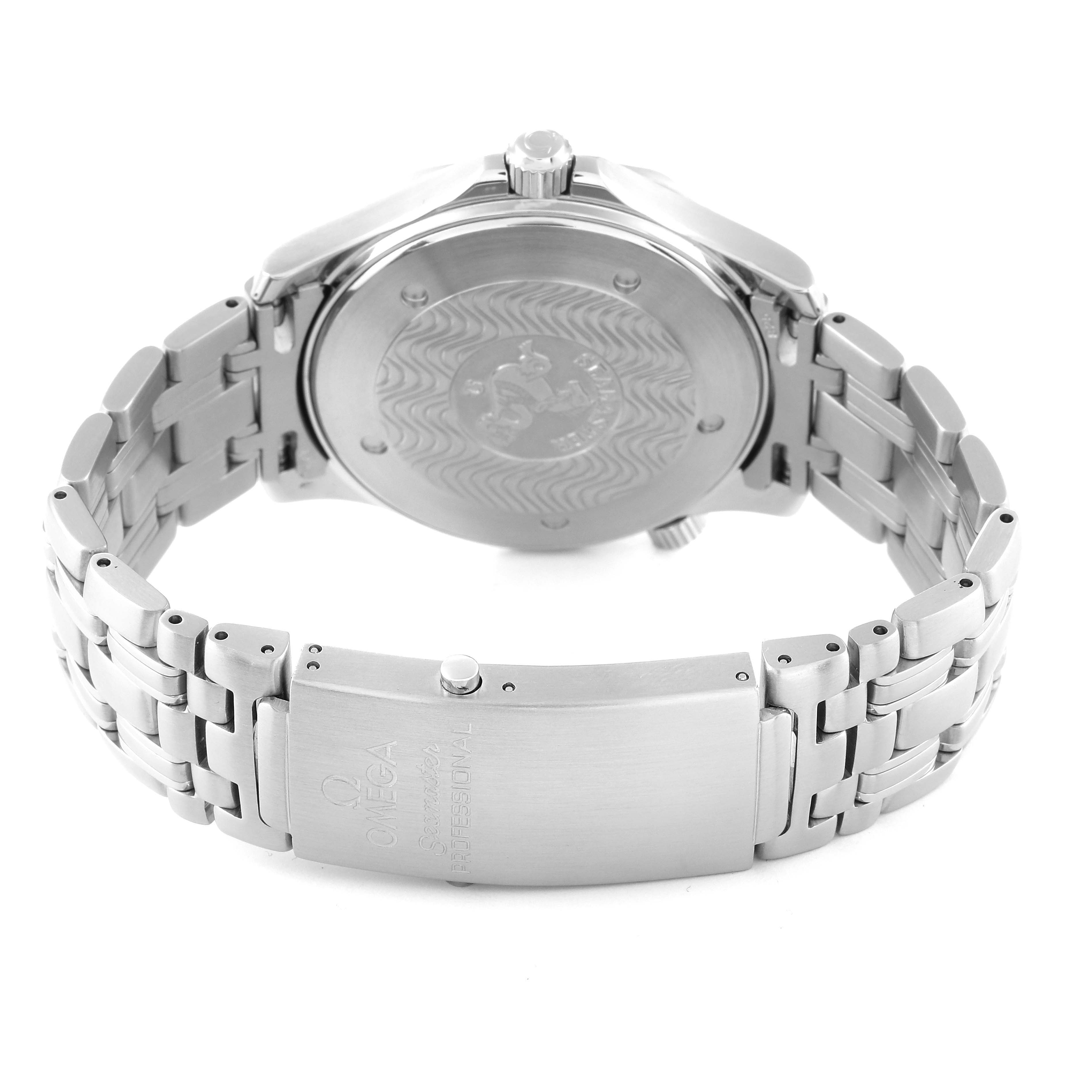 This image shows the back view of an Omega Seamaster 2541.80.00 Men's Stainless Steel Blue Dial 2541.80.00 Men's Stainless Steel Blue Dial watch, highlighting the case back and metal bracelet with clasp.