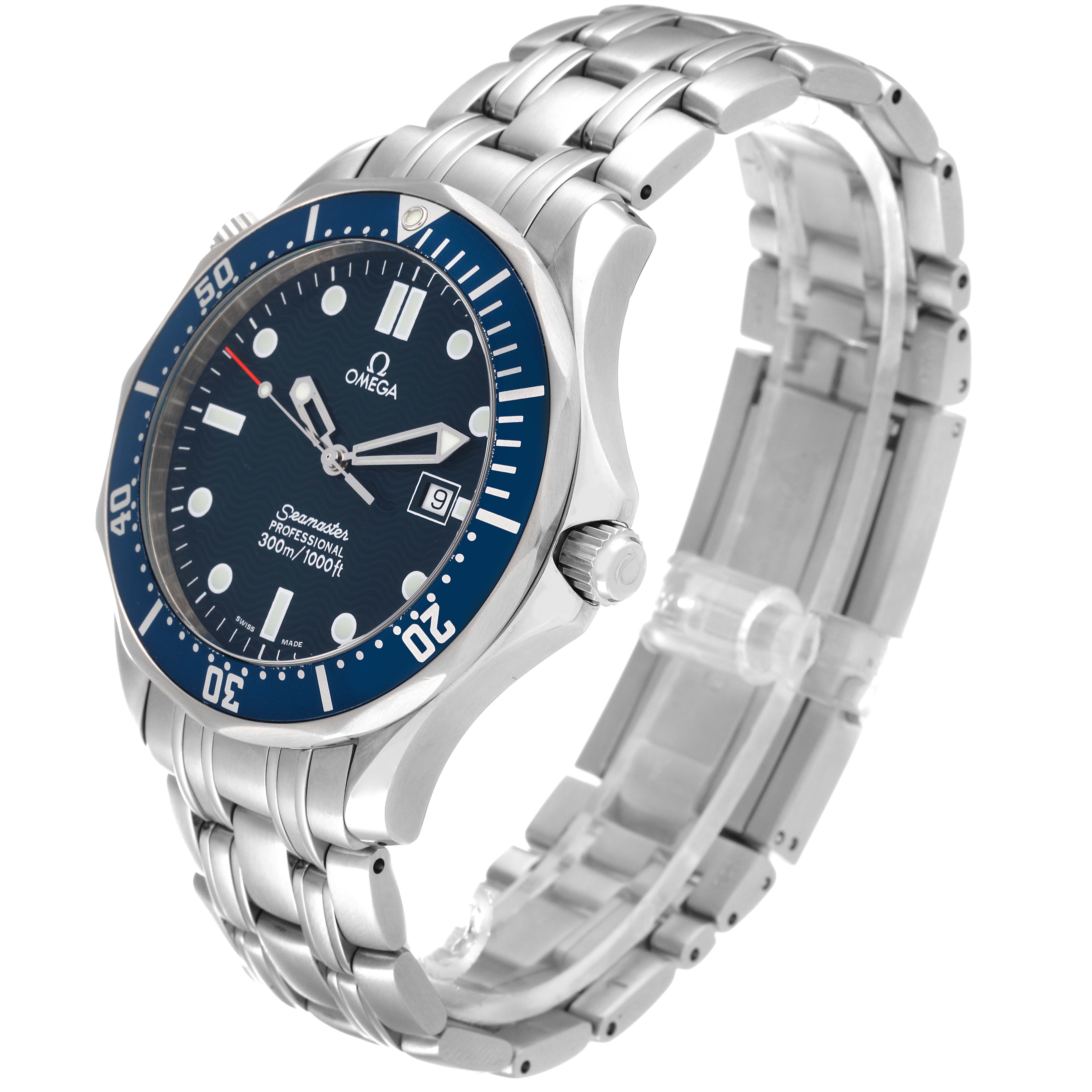 This image shows an angled view of an Omega Seamaster 2541.80.00 Men's Stainless Steel Blue Dial 2541.80.00 Men's Stainless Steel Blue Dial watch, displaying its dial, bezel, crown, and metal bracelet.
