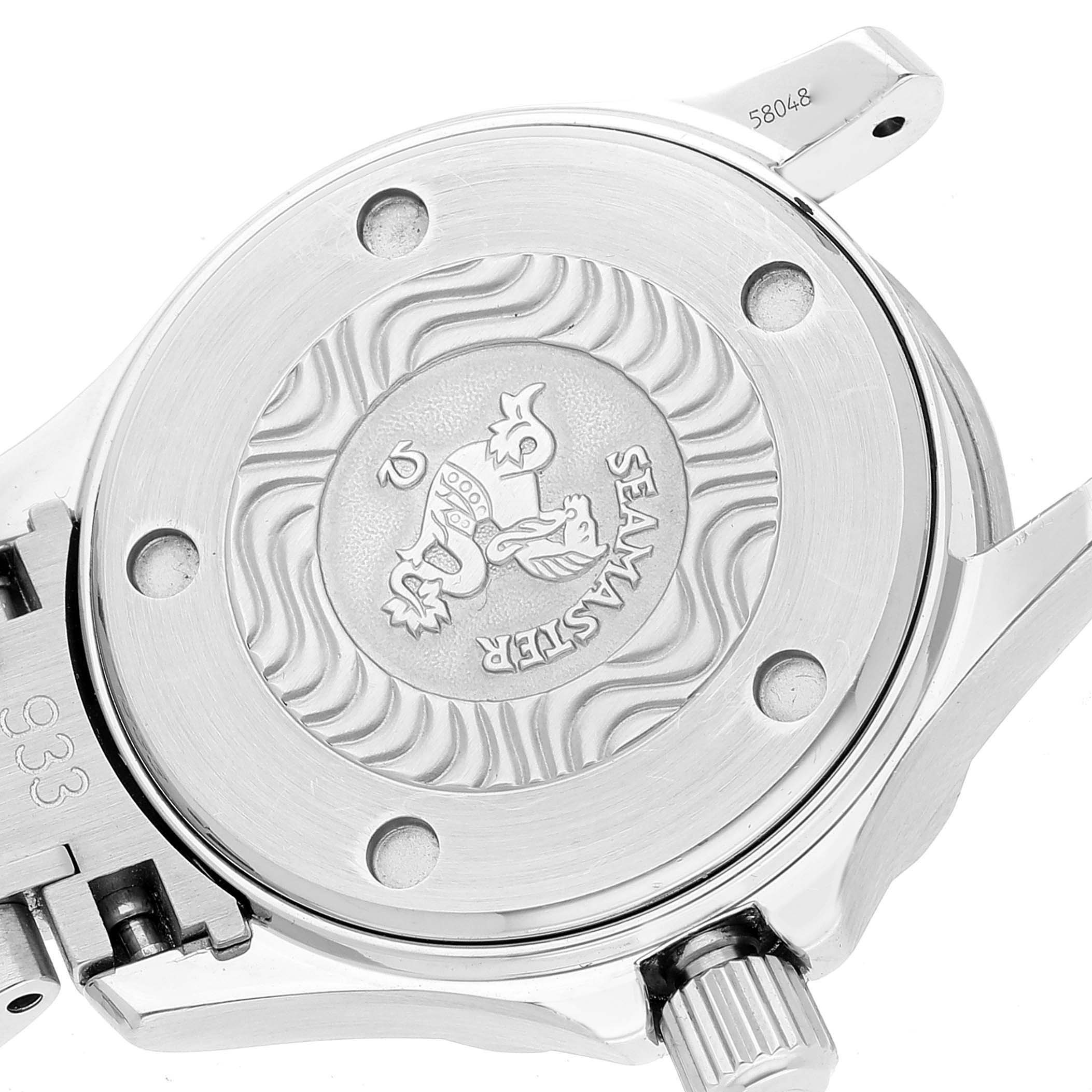 The image shows the back casing of an Omega 2285.80.00 Women's Stainless Steel Blue Dial 2285.80.00 Women's Stainless Steel Blue Dial Seamaster Diver Quartz 28mm Steel Ladies Watch model 2285.80.00.