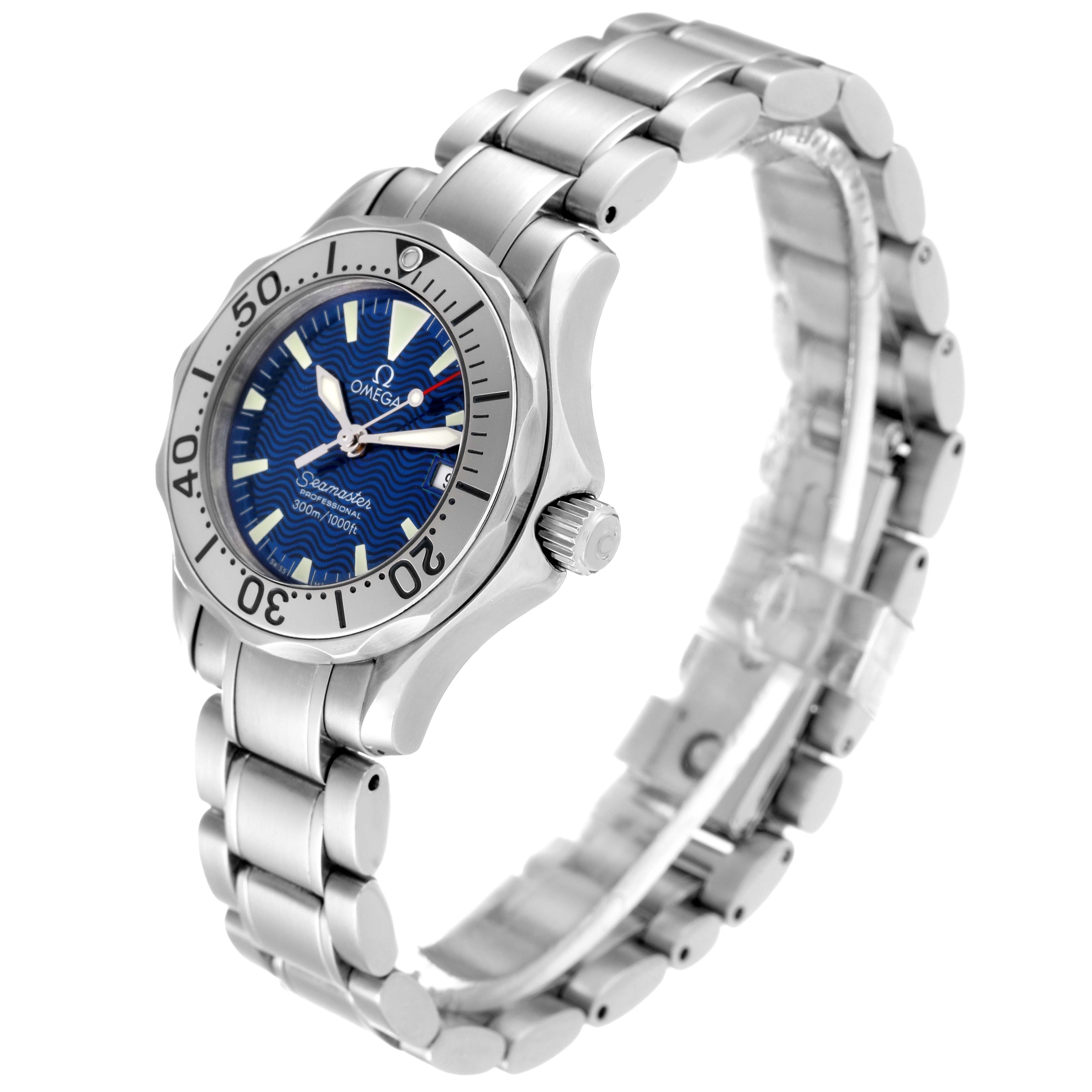 The image shows the Omega 2285.80.00 Women's Stainless Steel Blue Dial 2285.80.00 Women's Stainless Steel Blue Dial Seamaster Diver Quartz 28mm Steel Ladies Watch 2285.80.00 from a side angle, highlighting the face and stainless steel band.