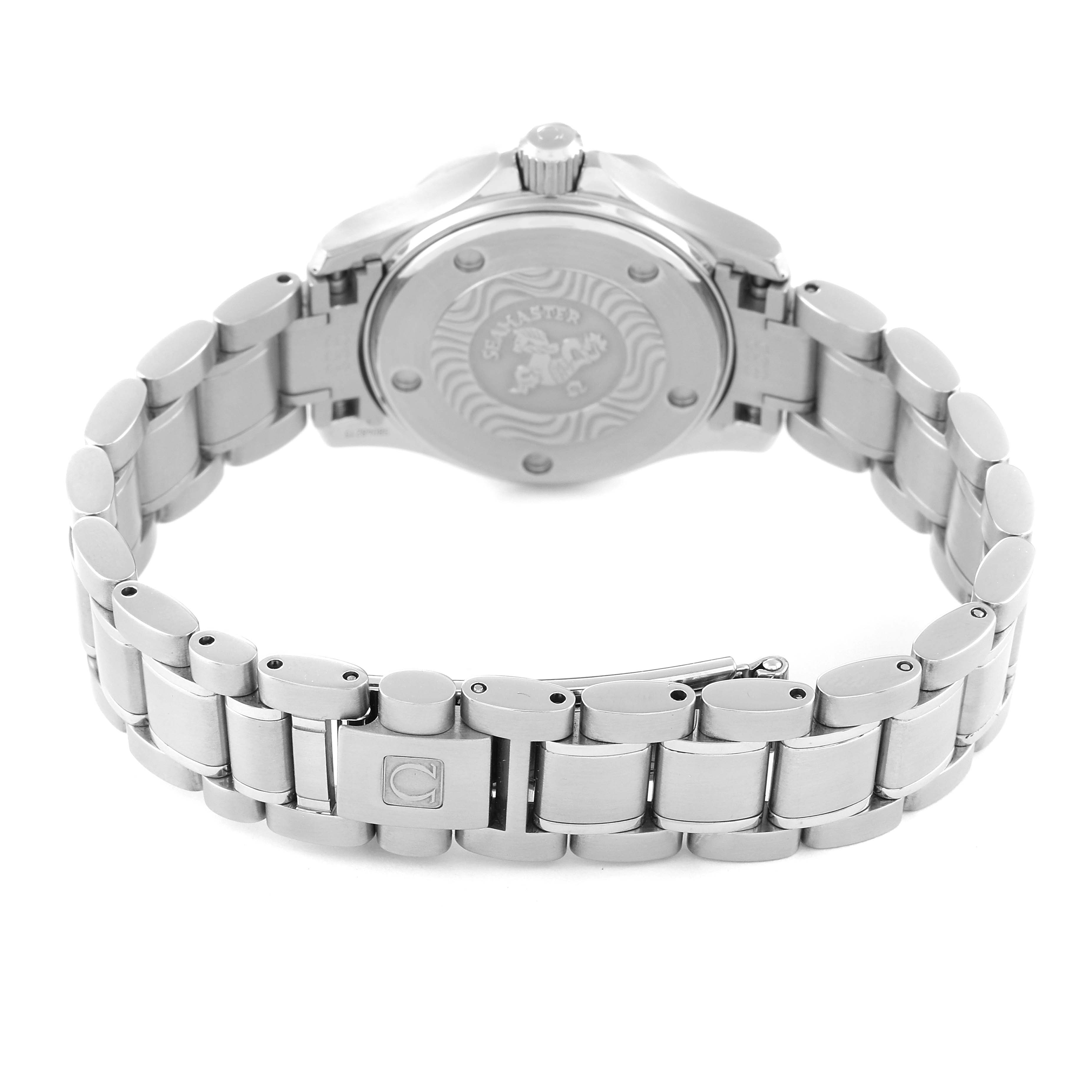 This image shows the back case and bracelet of the Omega 2285.80.00 Women's Stainless Steel Blue Dial 2285.80.00 Women's Stainless Steel Blue Dial Seamaster Diver Quartz 28mm Steel Ladies Watch 2285.80.00.