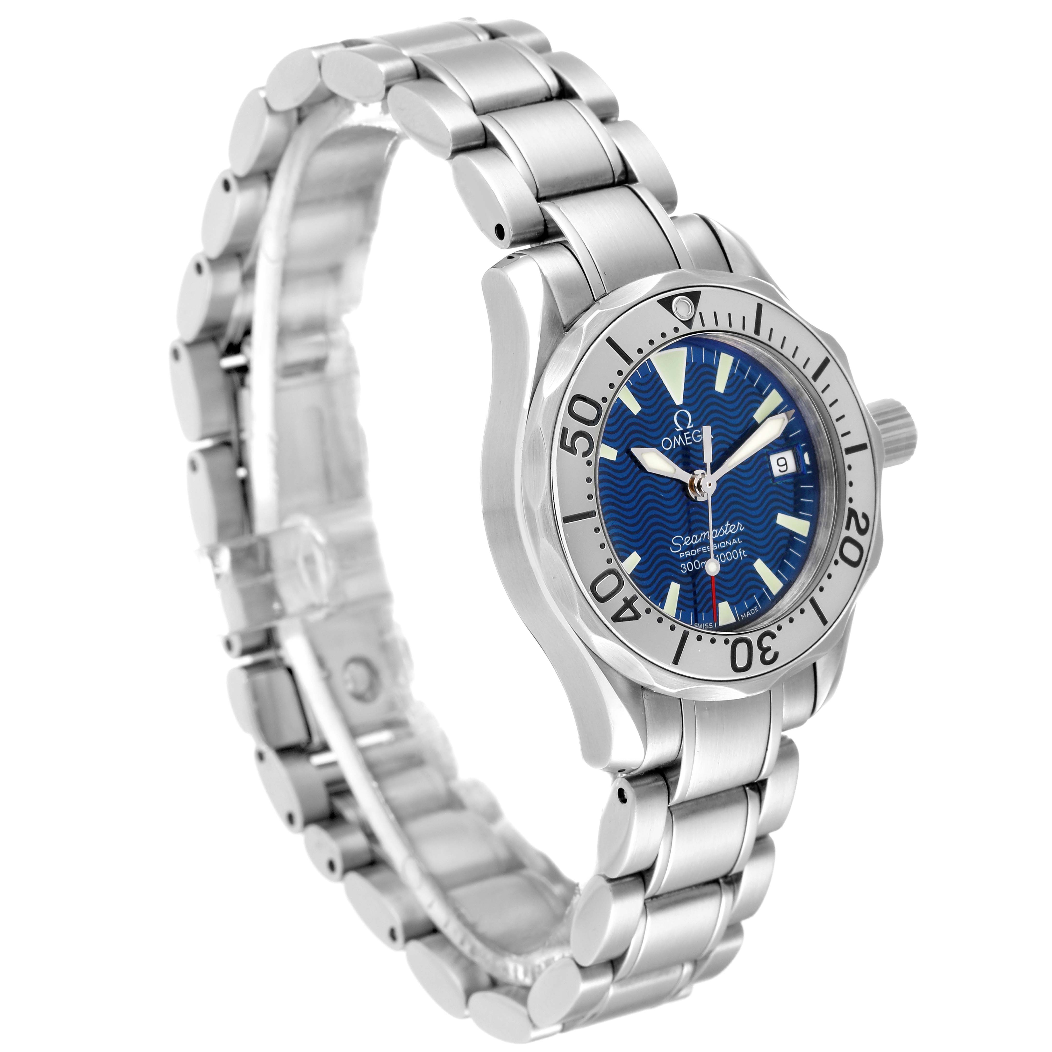 The image shows an angled view of the Omega 2285.80.00 Women's Stainless Steel Blue Dial 2285.80.00 Women's Stainless Steel Blue Dial Seamaster Diver Quartz 28mm Steel Ladies Watch 2285.80.00, highlighting the face and bracelet.
