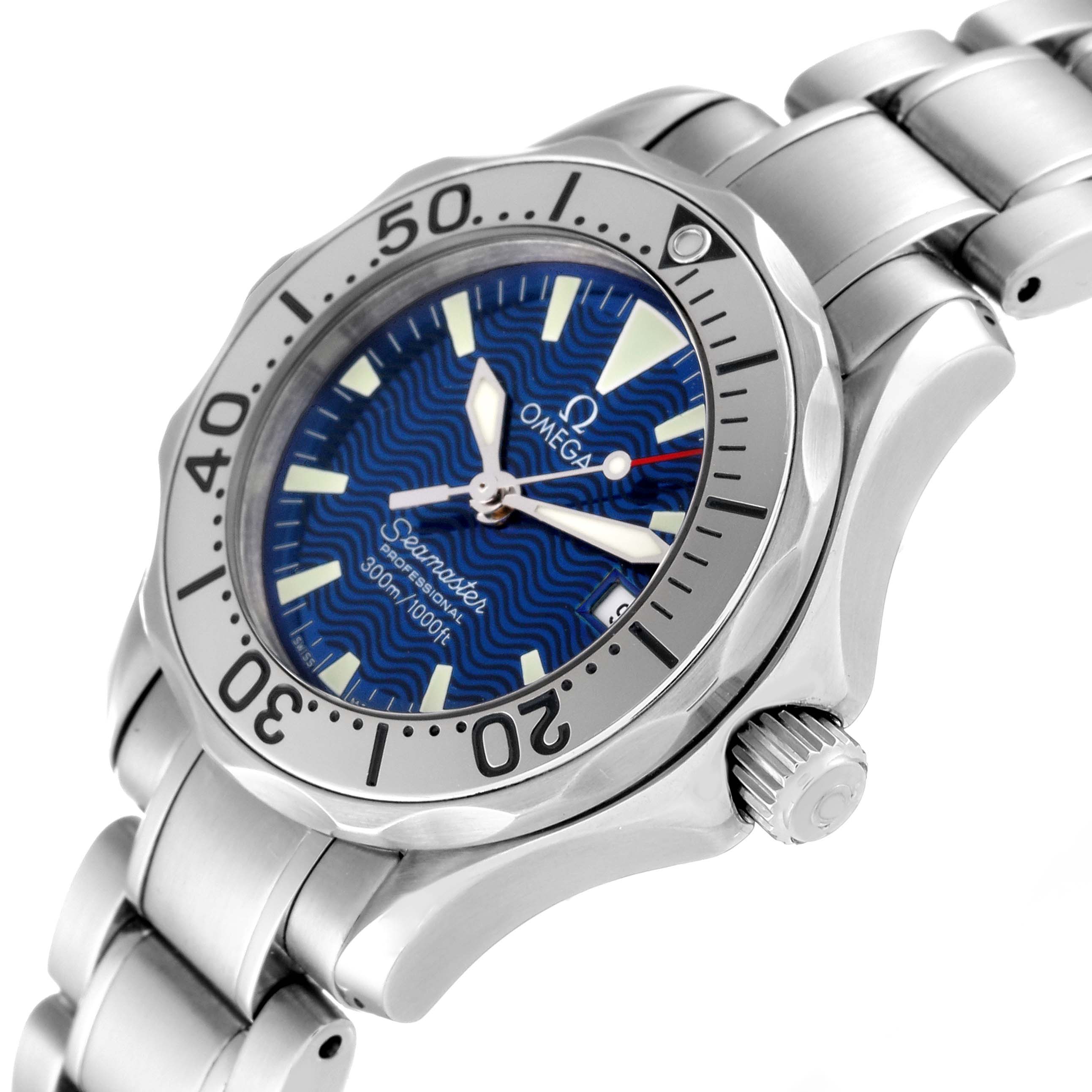 This image shows the Omega 2285.80.00 Women's Stainless Steel Blue Dial 2285.80.00 Women's Stainless Steel Blue Dial Seamaster Diver Quartz 28mm Steel Ladies Watch 2285.80.00 at an angled view, highlighting the dial, bezel, and bracelet.