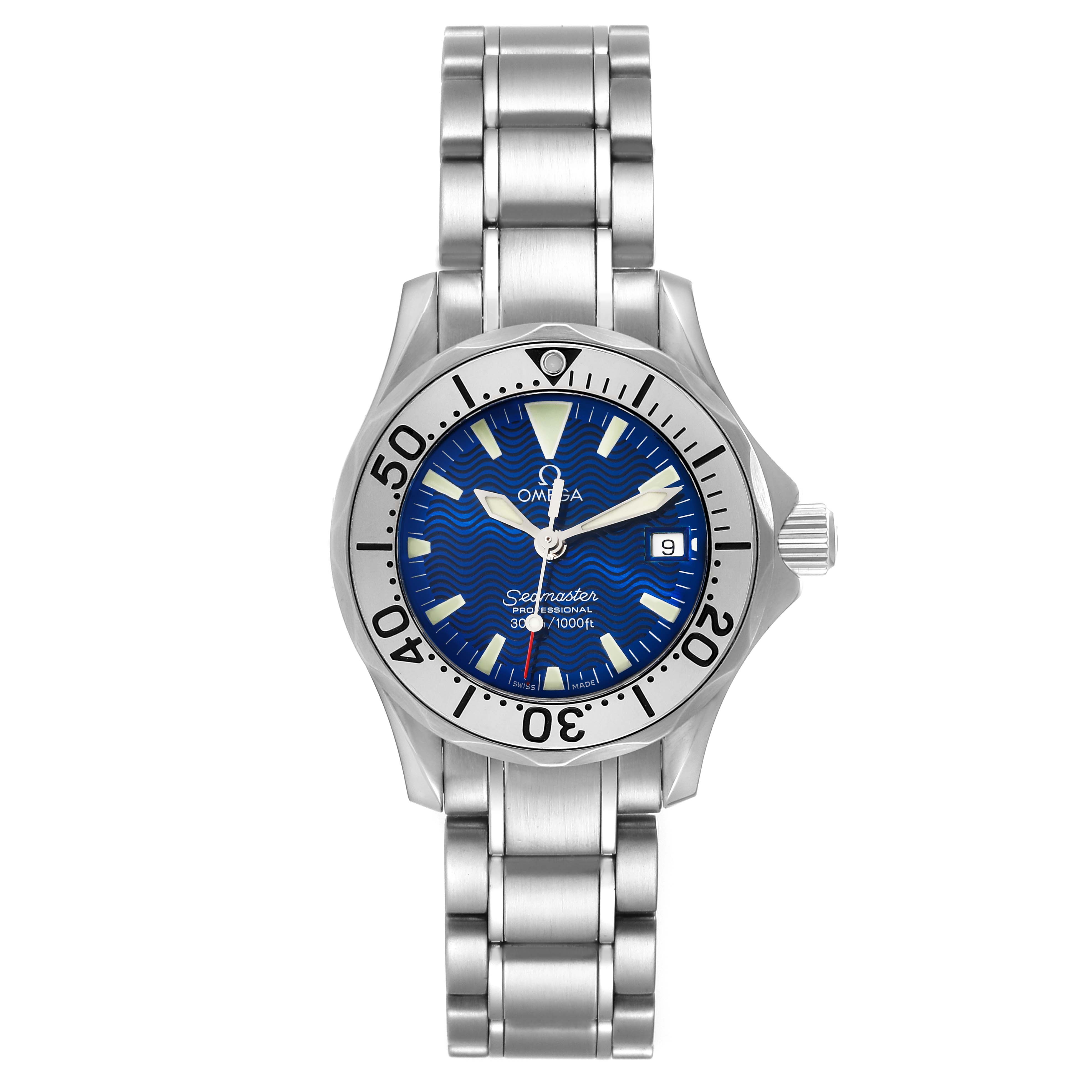 This image shows the Omega 2285.80.00 Women's Stainless Steel Blue Dial 2285.80.00 Women's Stainless Steel Blue Dial Seamaster Diver Quartz 28mm Steel Ladies Watch 2285.80.00 from a full, front-on angle.