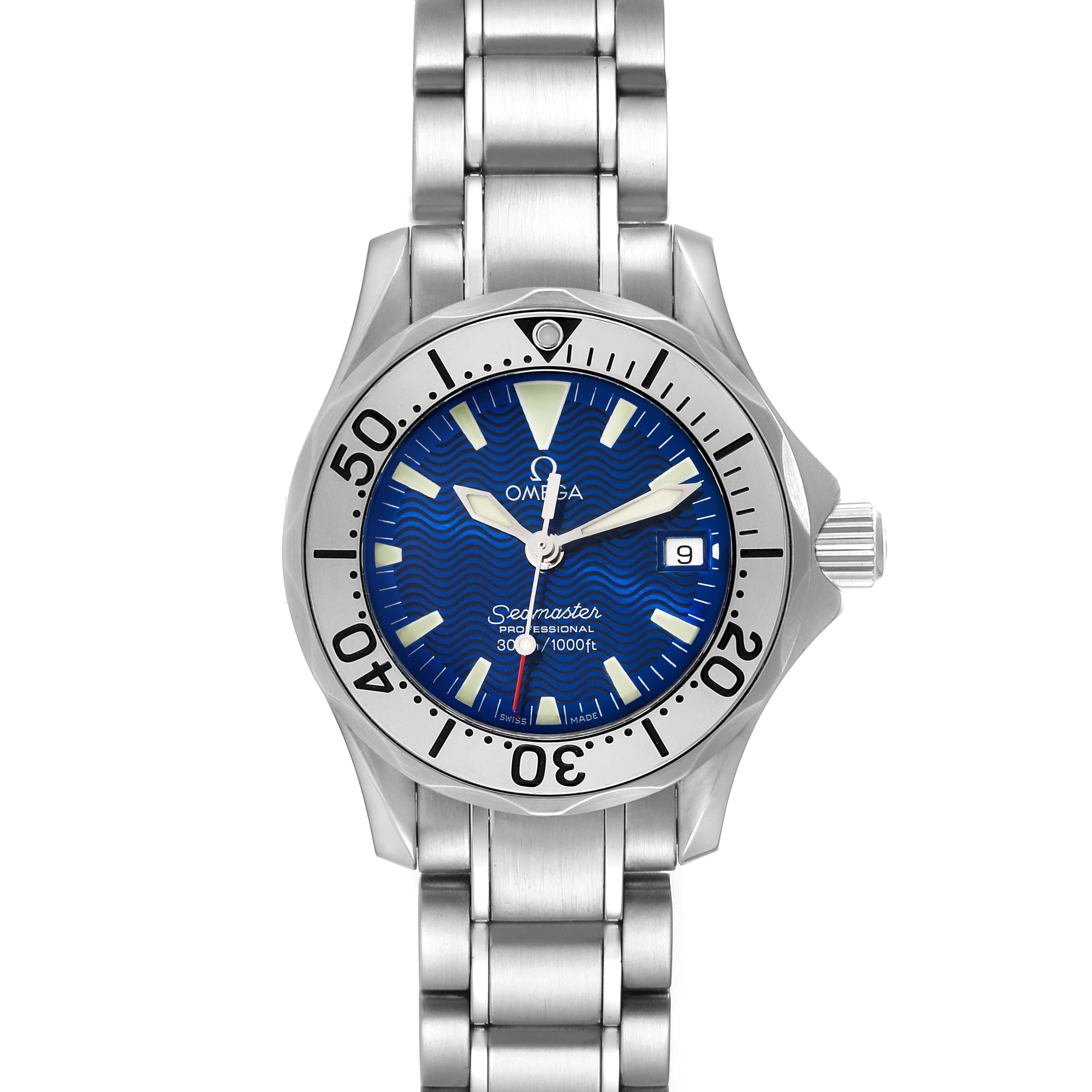 The image shows a front view of the Omega 2285.80.00 Women's Stainless Steel Blue Dial 2285.80.00 Women's Stainless Steel Blue Dial Seamaster Diver Quartz 28mm Steel Ladies Watch 2285.80.00, highlighting the dial, bezel, and bracelet.