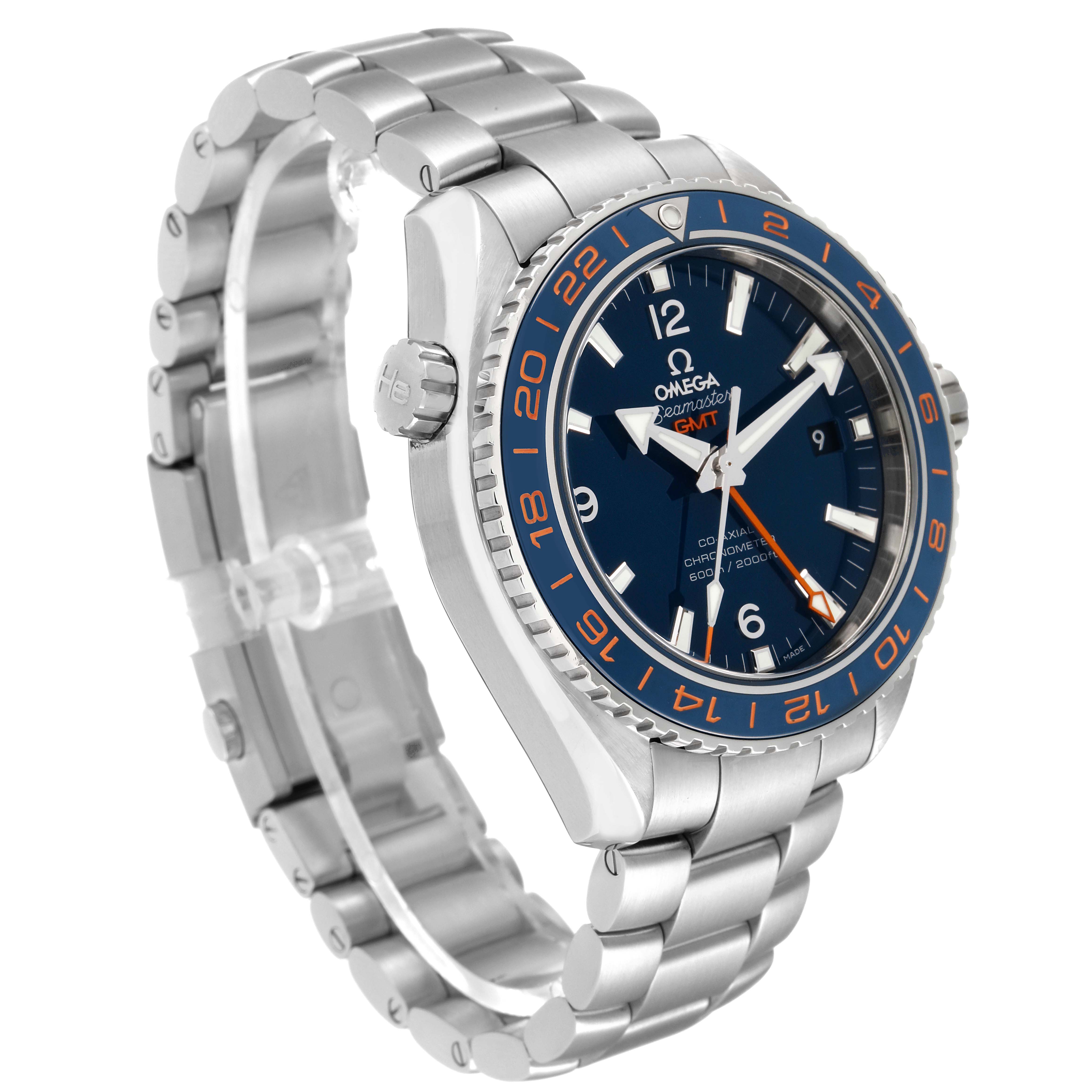 The Omega Planet Ocean 232.30.44.22.03.001 Men
s Stainless Steel Blue Dial 232.30.44.22.03.001 Men
s Stainless Steel Blue Dial watch is shown from a front-side angle, highlighting the dial, bezel, crown, and stainless steel bracelet.