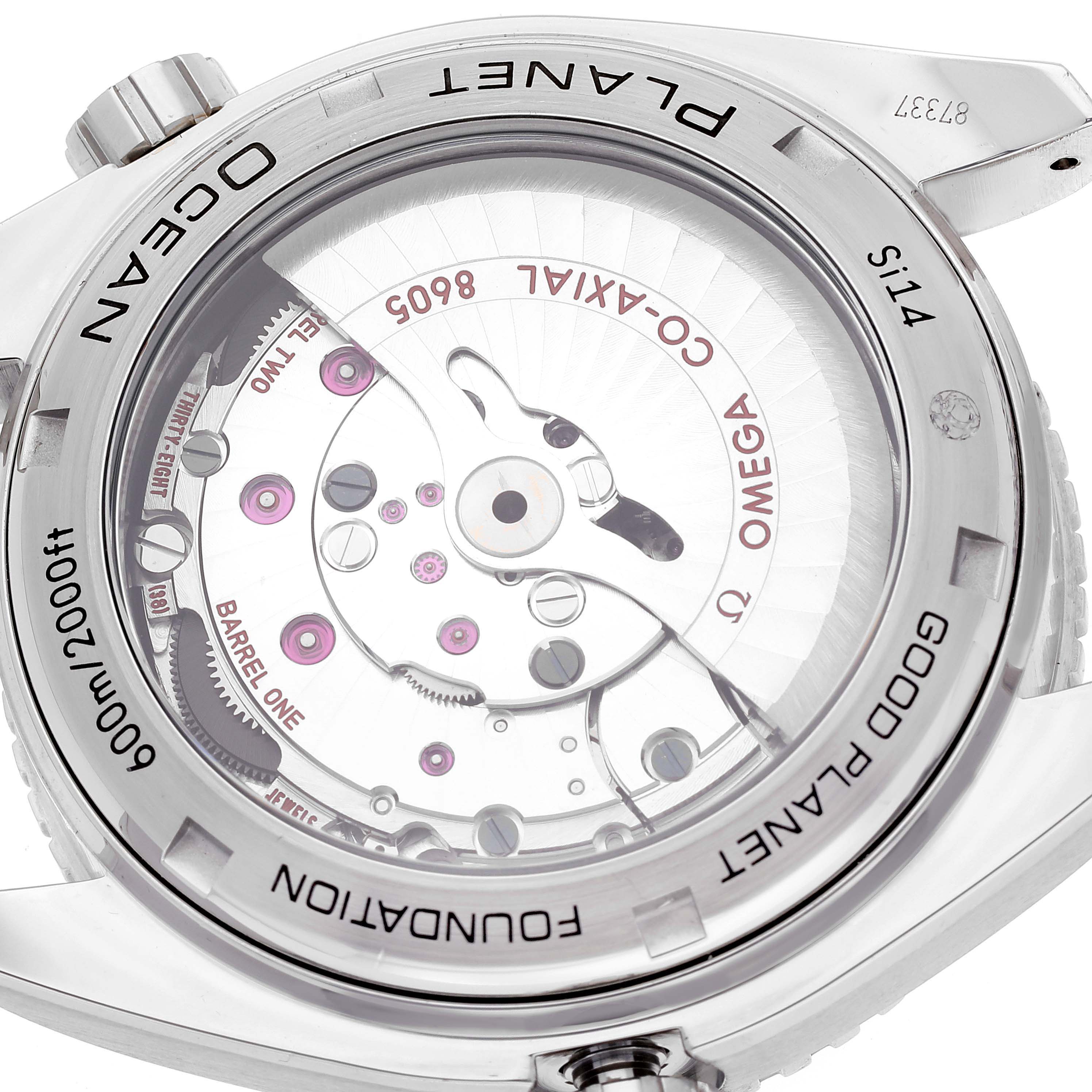 The image displays the back view of an Omega Planet Ocean 232.30.44.22.03.001 Men
s Stainless Steel Blue Dial 232.30.44.22.03.001 Men
s Stainless Steel Blue Dial watch, revealing the internal mechanism.