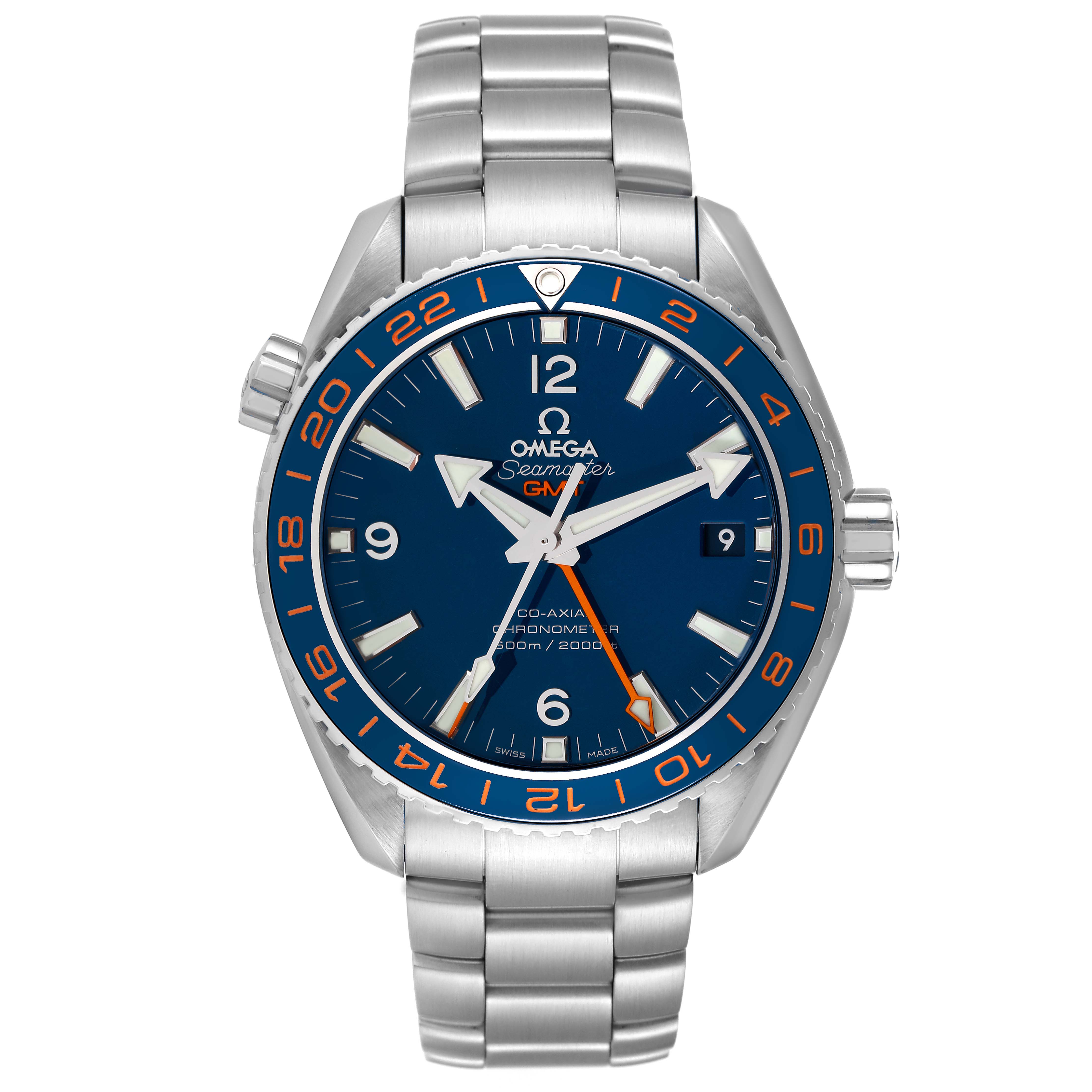 The image shows a front view of the Omega Seamaster Planet Ocean watch, displaying its face, bezel, and stainless steel bracelet.