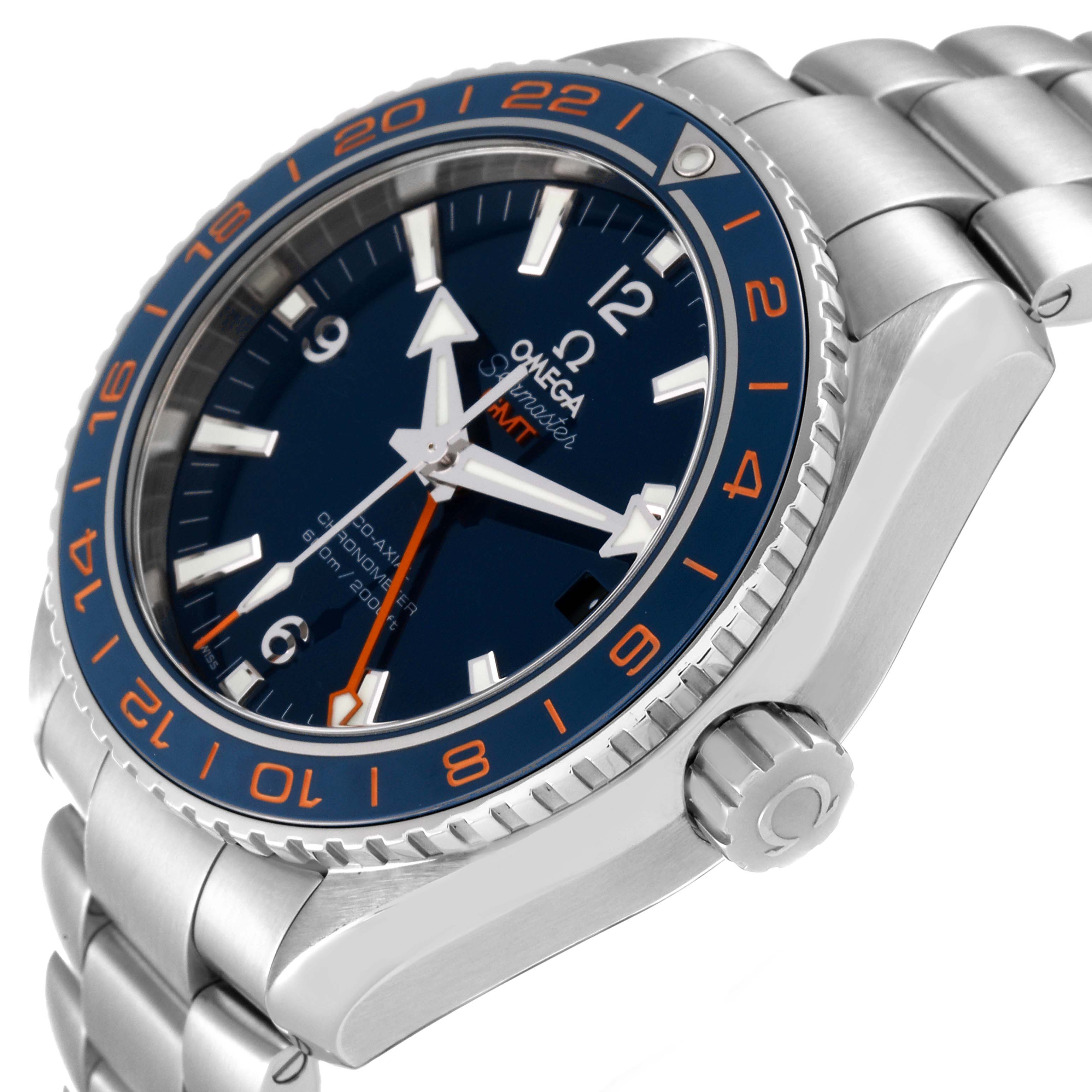 The Omega Planet Ocean 232.30.44.22.03.001 Men
s Stainless Steel Blue Dial 232.30.44.22.03.001 Men
s Stainless Steel Blue Dial watch is shown at a slight angle, highlighting the face, crown, bezel, and part of the metal bracelet.
