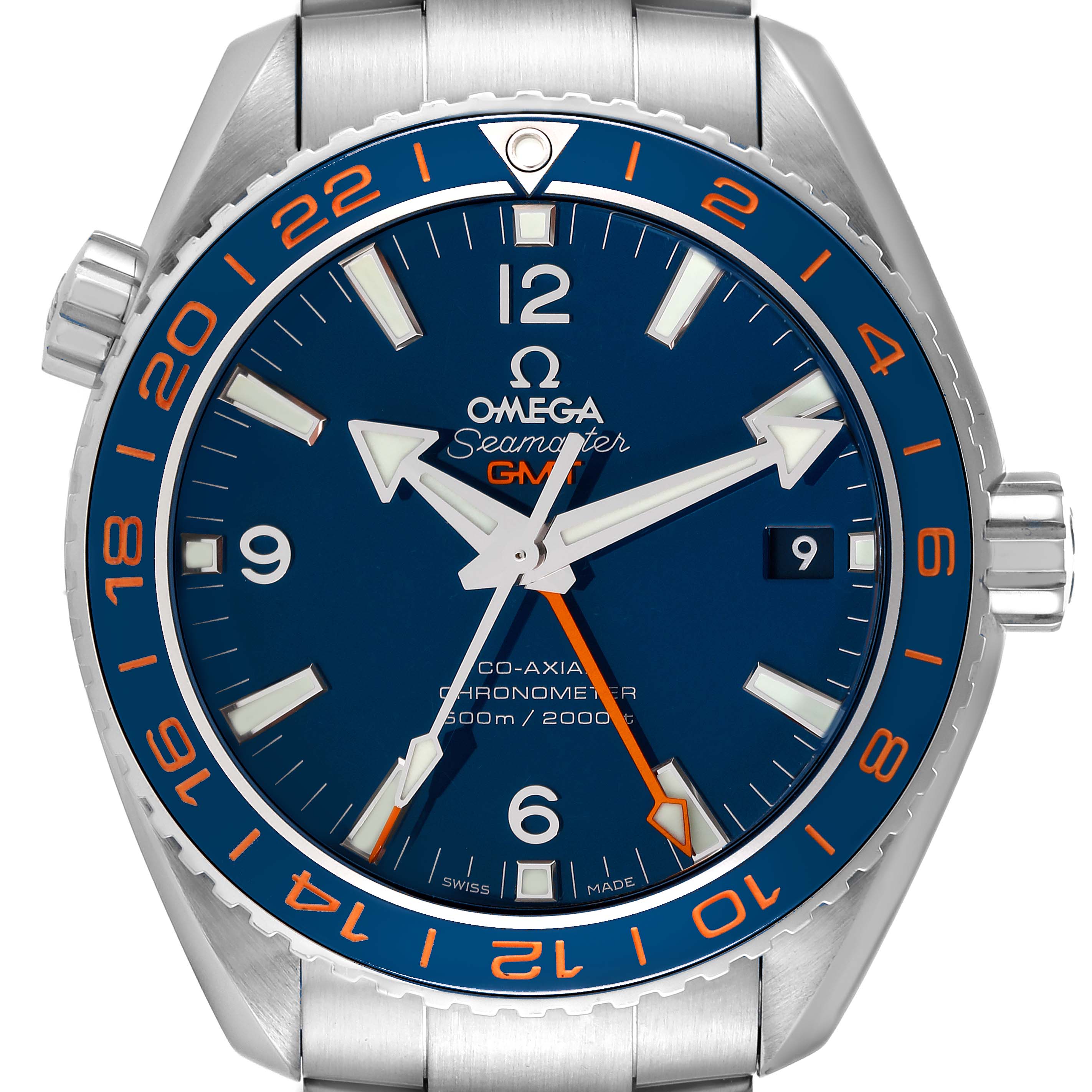 The image shows a front view of the Omega Planet Ocean 232.30.44.22.03.001 Men
s Stainless Steel Blue Dial 232.30.44.22.03.001 Men
s Stainless Steel Blue Dial Seamaster GMT watch, highlighting the blue dial, bezel, and crown.