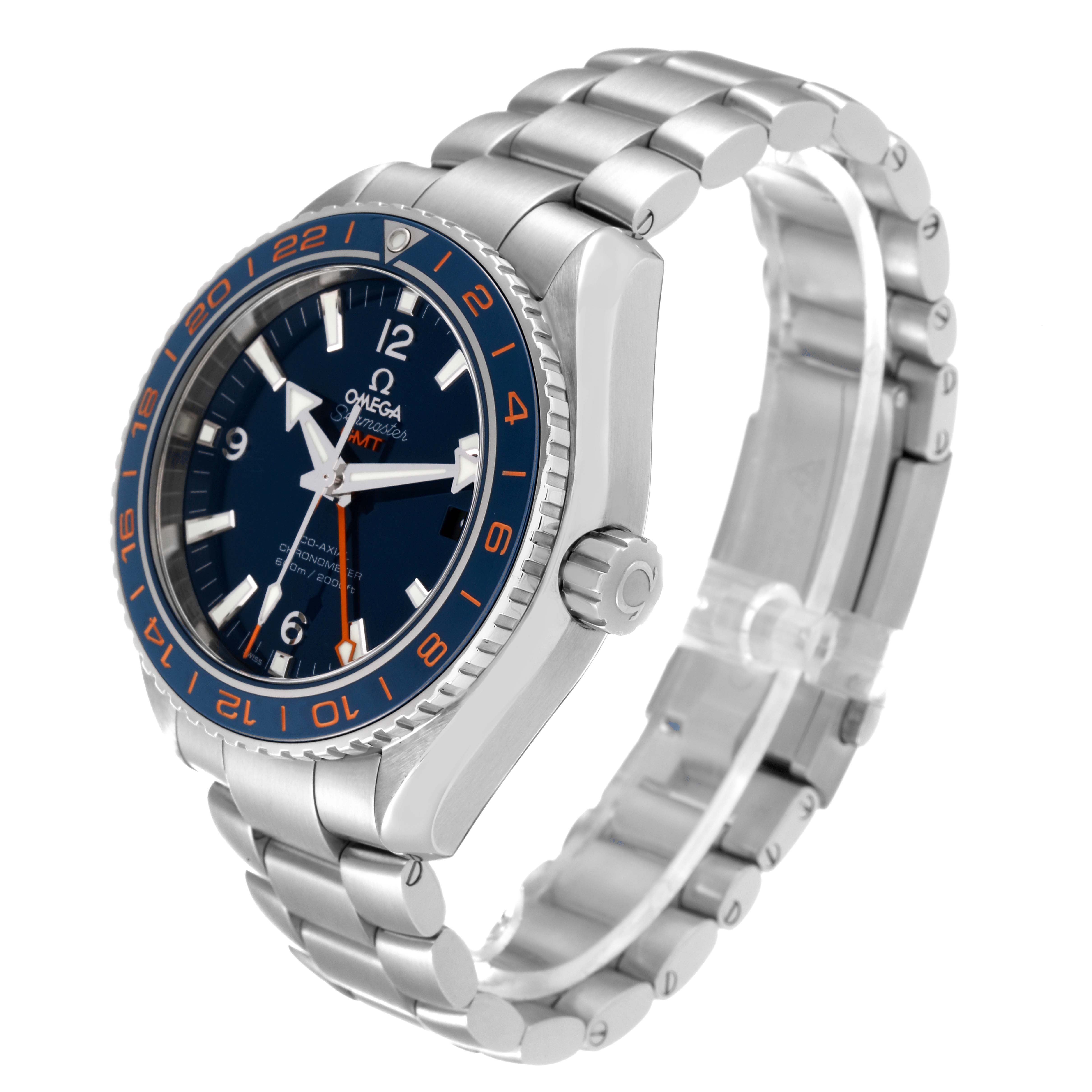 The Omega Planet Ocean 232.30.44.22.03.001 Men
s Stainless Steel Blue Dial 232.30.44.22.03.001 Men
s Stainless Steel Blue Dial watch is shown at a three-quarter angle, highlighting the face, bezel, crown, and metal bracelet.