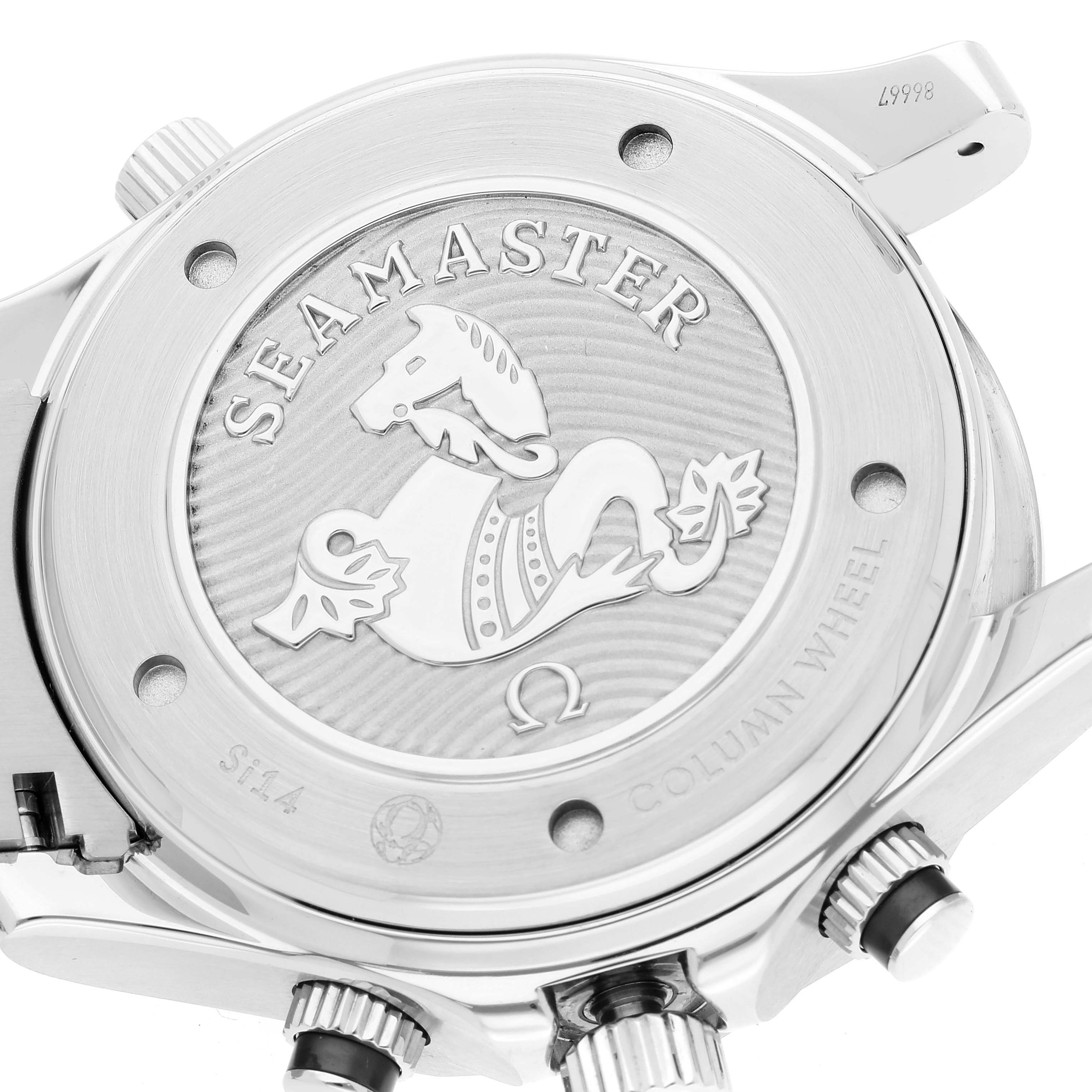 The image shows the case back and side view of an Omega Seamaster 212.30.44.50.01.002 Men's Stainless Steel Black Dial 212.30.44.50.01.002 Men's Stainless Steel Black Dial watch, including the engraved logo and crown.