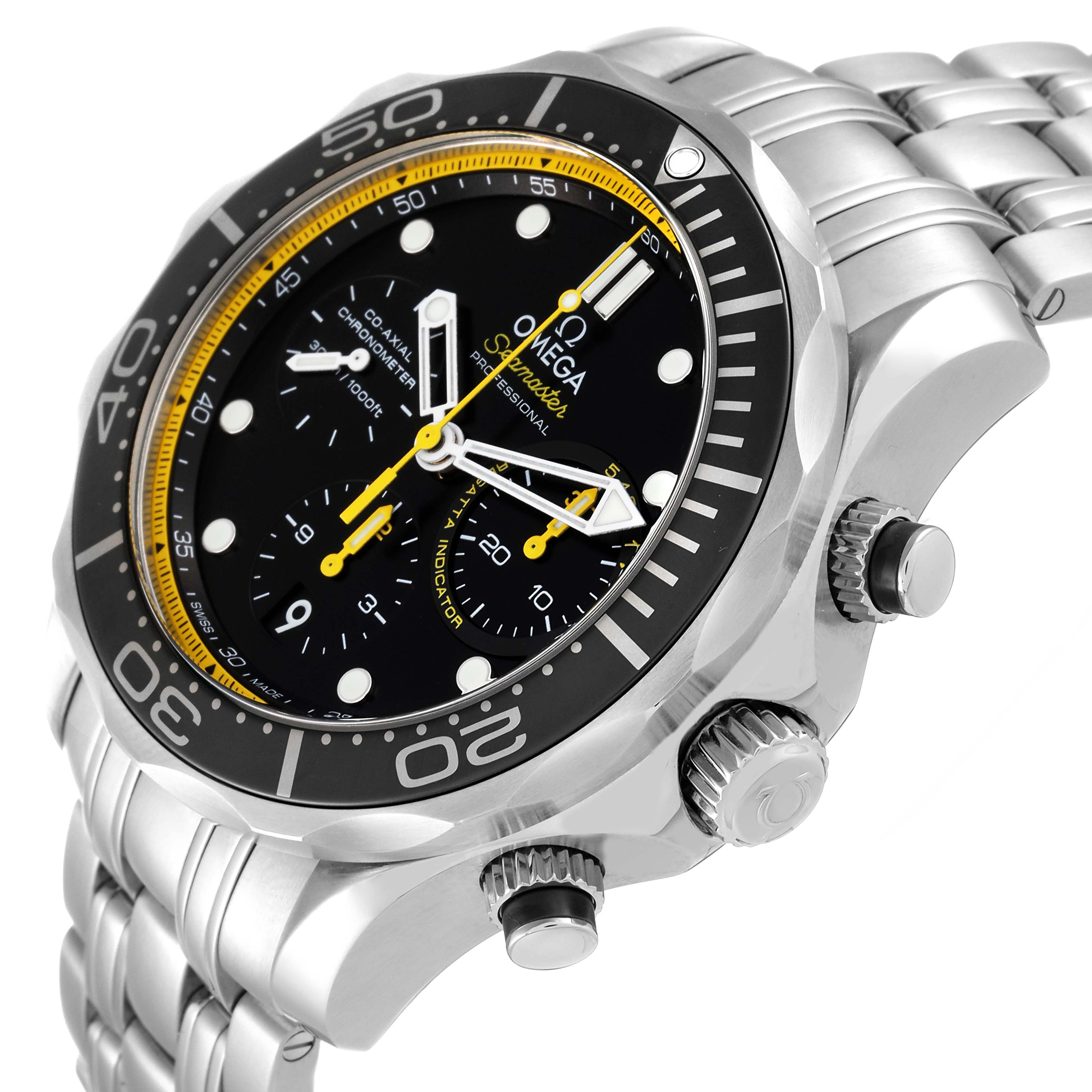 The Omega Seamaster 212.30.44.50.01.002 Men's Stainless Steel Black Dial 212.30.44.50.01.002 Men's Stainless Steel Black Dial watch is shown from an angled front view, displaying the dial, bezel, and crown with pushers.