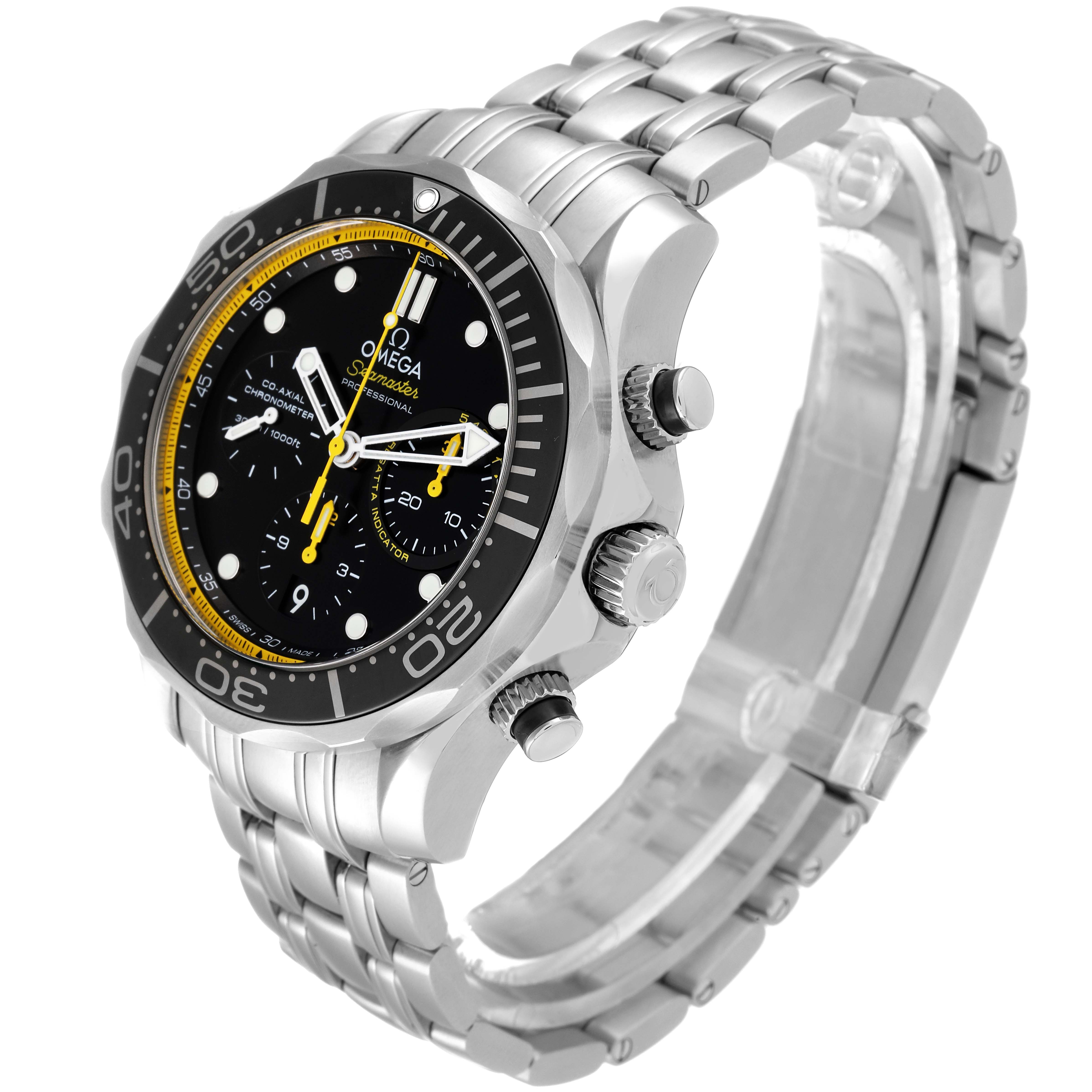 The image shows an angled view of an Omega Seamaster 212.30.44.50.01.002 Men's Stainless Steel Black Dial 212.30.44.50.01.002 Men's Stainless Steel Black Dial watch, highlighting the bezel, dial, and bracelet.