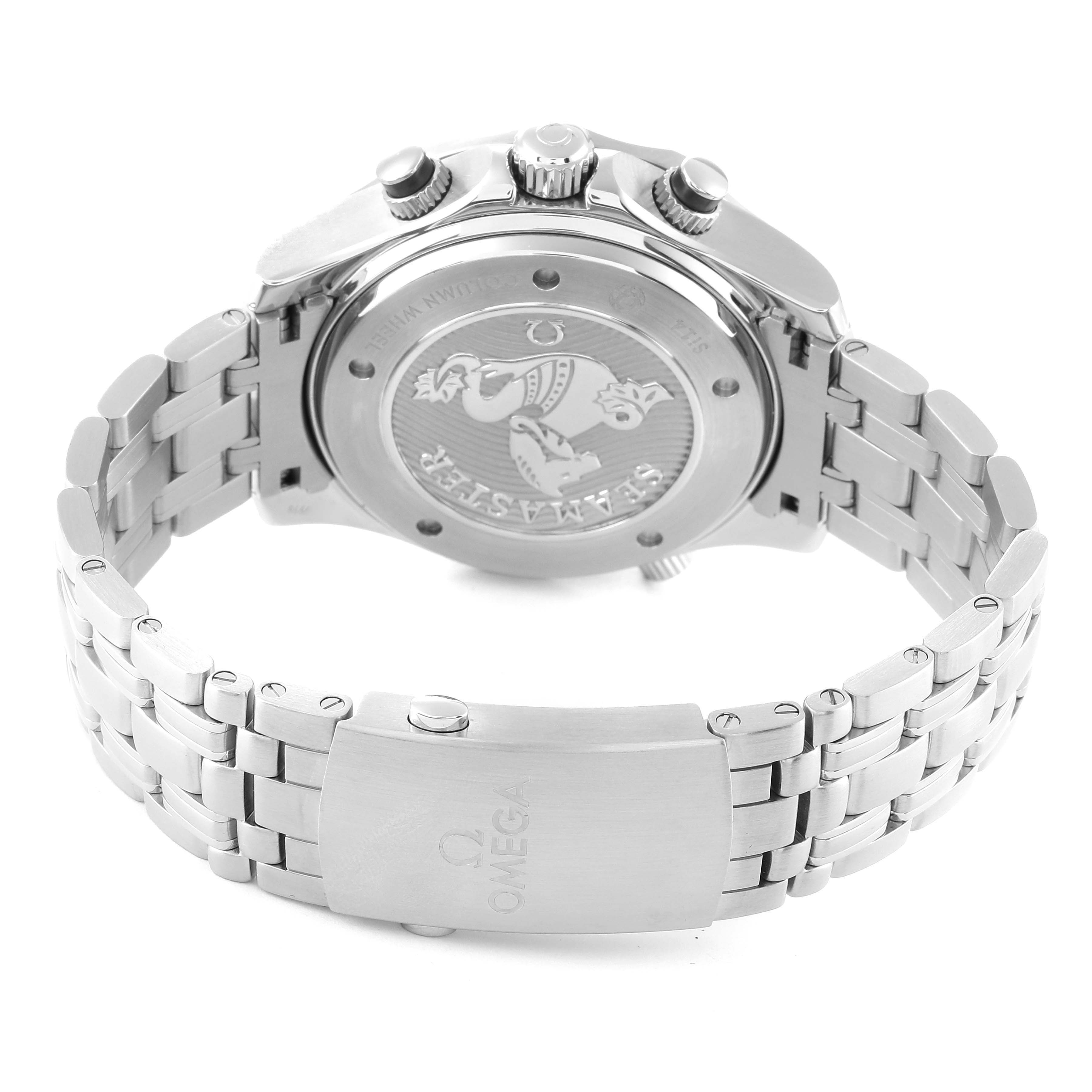 The image shows the back and side view of an Omega Seamaster 212.30.44.50.01.002 Men's Stainless Steel Black Dial 212.30.44.50.01.002 Men's Stainless Steel Black Dial watch, highlighting the case back and metal bracelet.