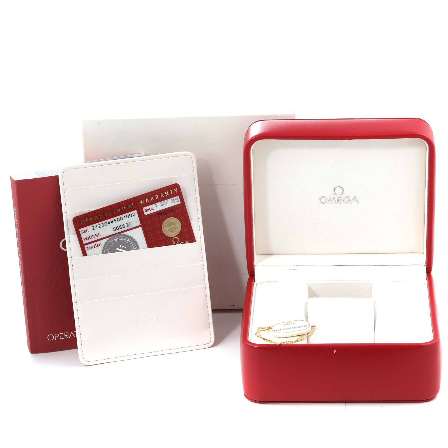 The image shows the Omega Seamaster 212.30.44.50.01.002 Men's Stainless Steel Black Dial 212.30.44.50.01.002 Men's Stainless Steel Black Dial box, warranty cardholder, and operation manual from an angled top view.