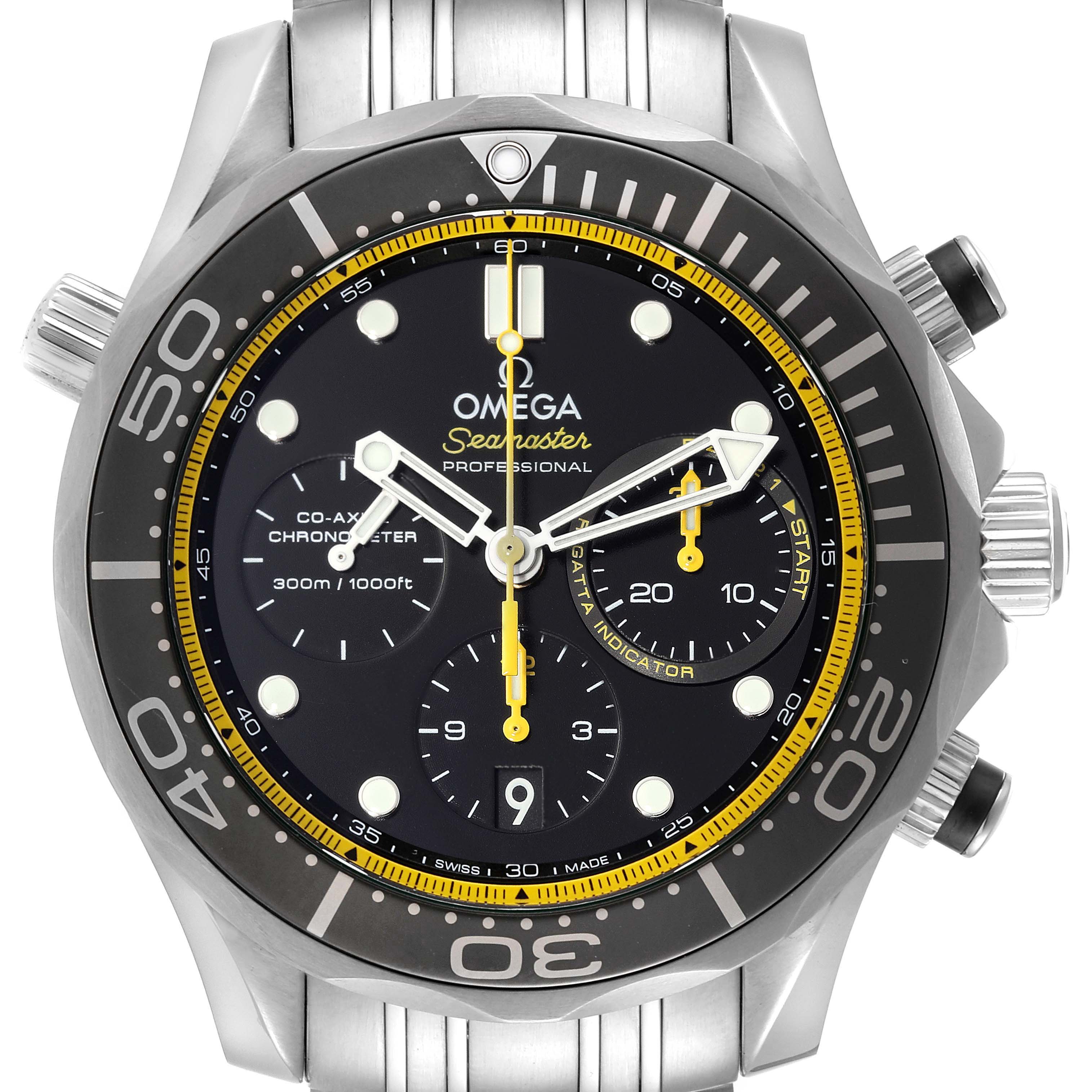 This image shows a front view of an Omega Seamaster 212.30.44.50.01.002 Men's Stainless Steel Black Dial 212.30.44.50.01.002 Men's Stainless Steel Black Dial watch, highlighting the dial, bezel, and chronograph subdials.