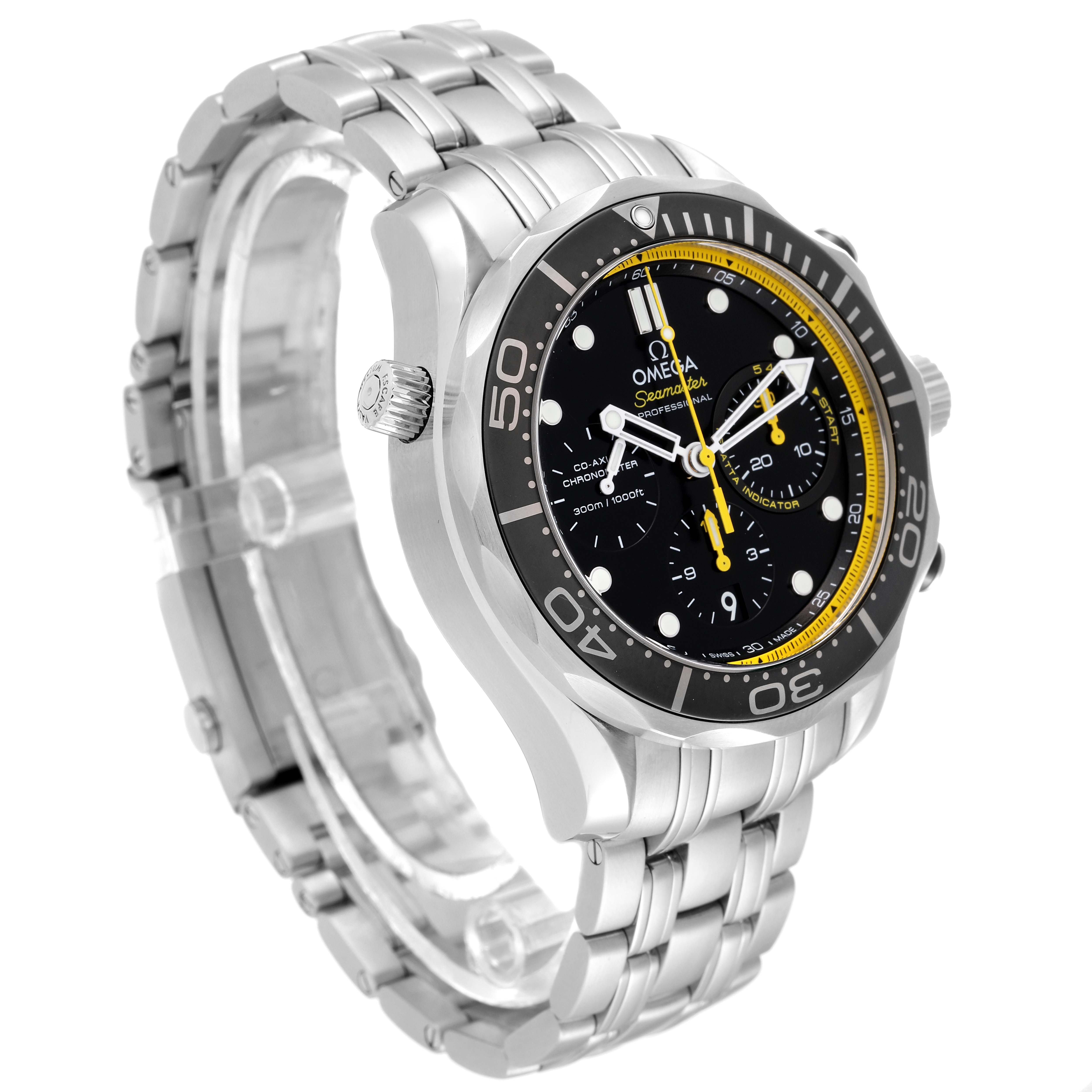 The image shows an Omega Seamaster 212.30.44.50.01.002 Men's Stainless Steel Black Dial 212.30.44.50.01.002 Men's Stainless Steel Black Dial watch at a three-quarter angle, highlighting the face, bezel, crown, and metal bracelet band.