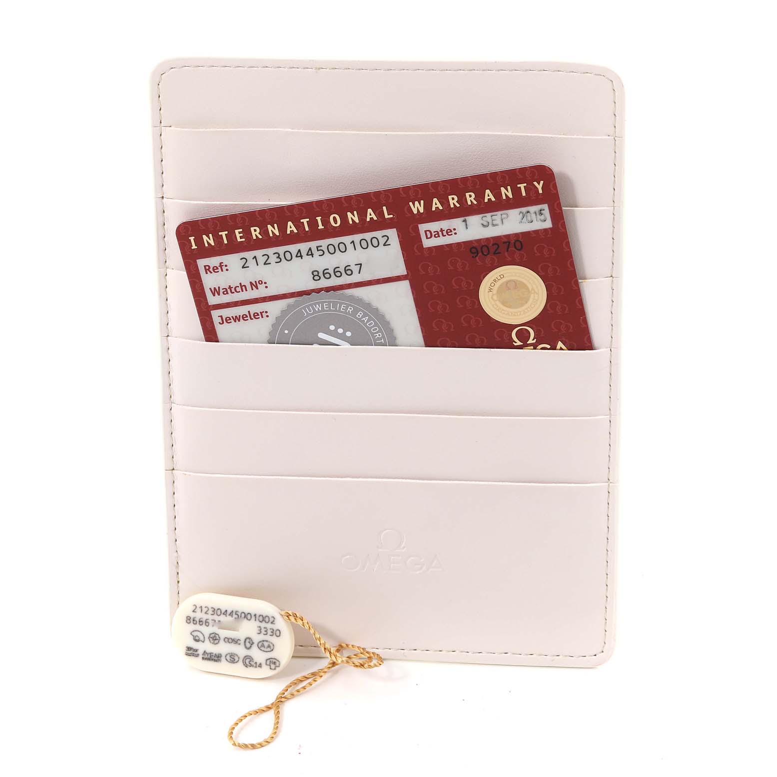 The image shows an Omega Seamaster 212.30.44.50.01.002 Men's Stainless Steel Black Dial 212.30.44.50.01.002 Men's Stainless Steel Black Dial warranty card in a white holder along with its serial tag.