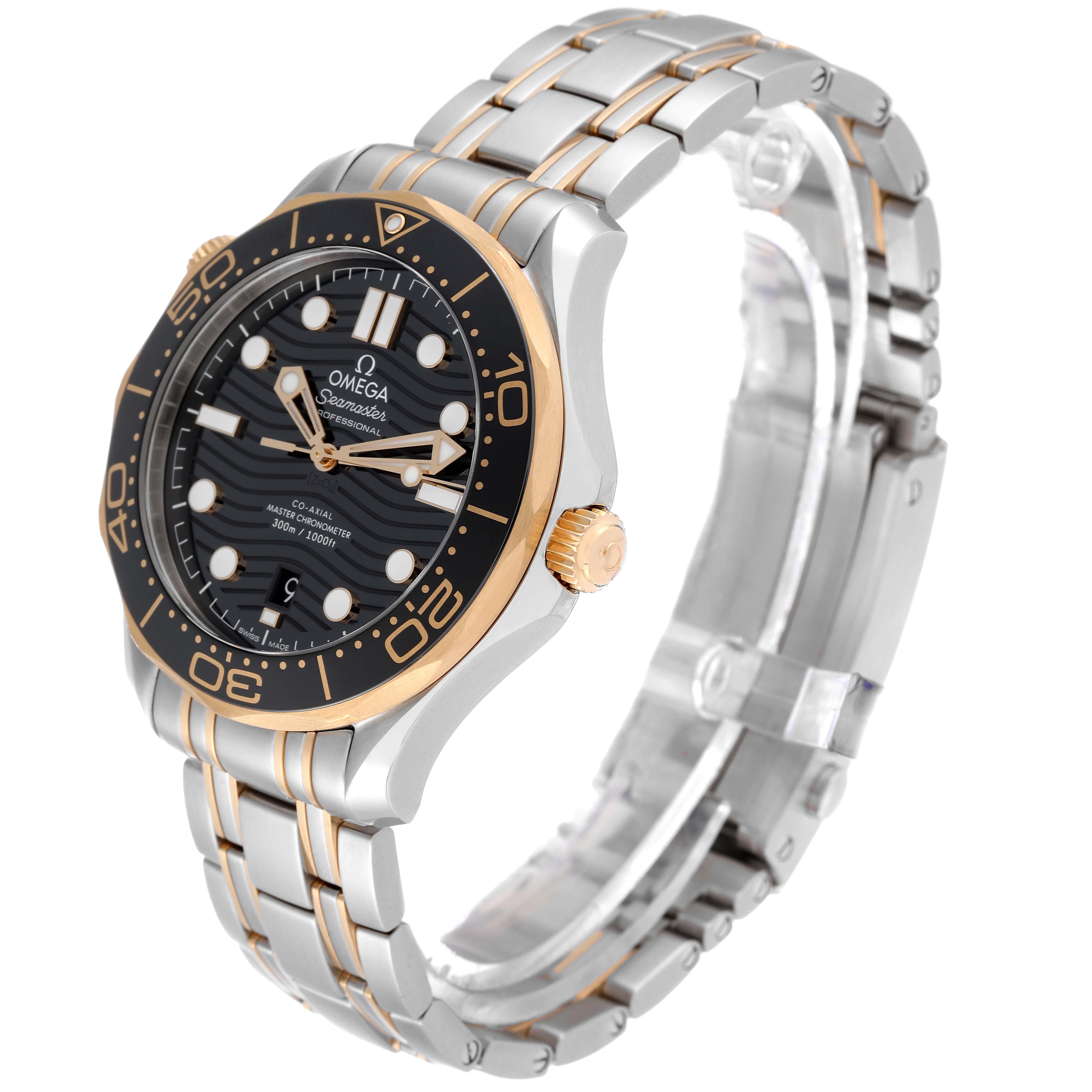 The image shows a side angle view of the Omega Seamaster 210.20.42.20.01.002 Men's Steel and Gold (two tone) Black Dial 210.20.42.20.01.002 Men's Steel and Gold (two tone) Black Dial watch, highlighting its face, bezel, crown, and bracelet.