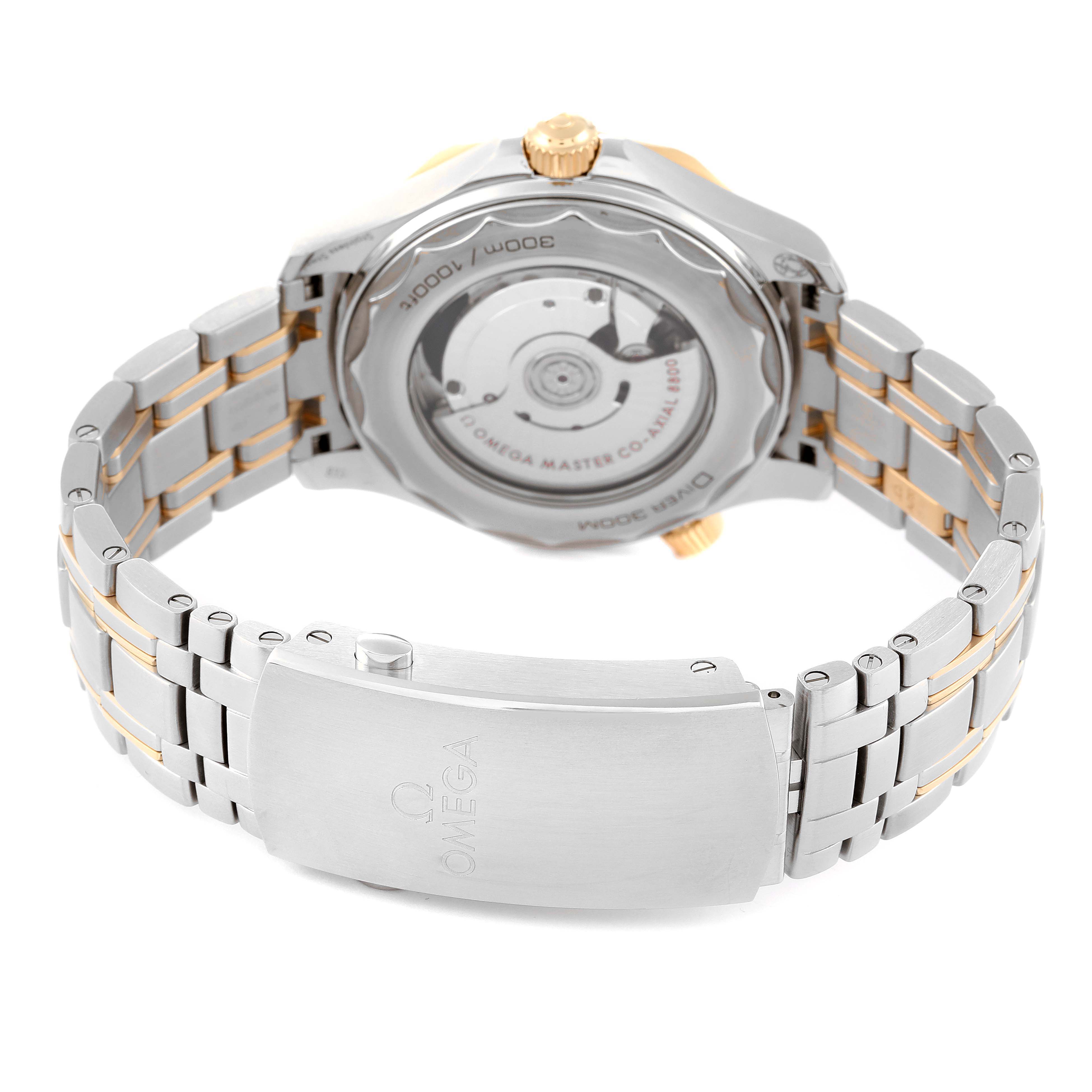 The image shows the back and bracelet of an Omega Seamaster 210.20.42.20.01.002 Men's Steel and Gold (two tone) Black Dial 210.20.42.20.01.002 Men's Steel and Gold (two tone) Black Dial watch, highlighting the clasp and the exhibition case back.