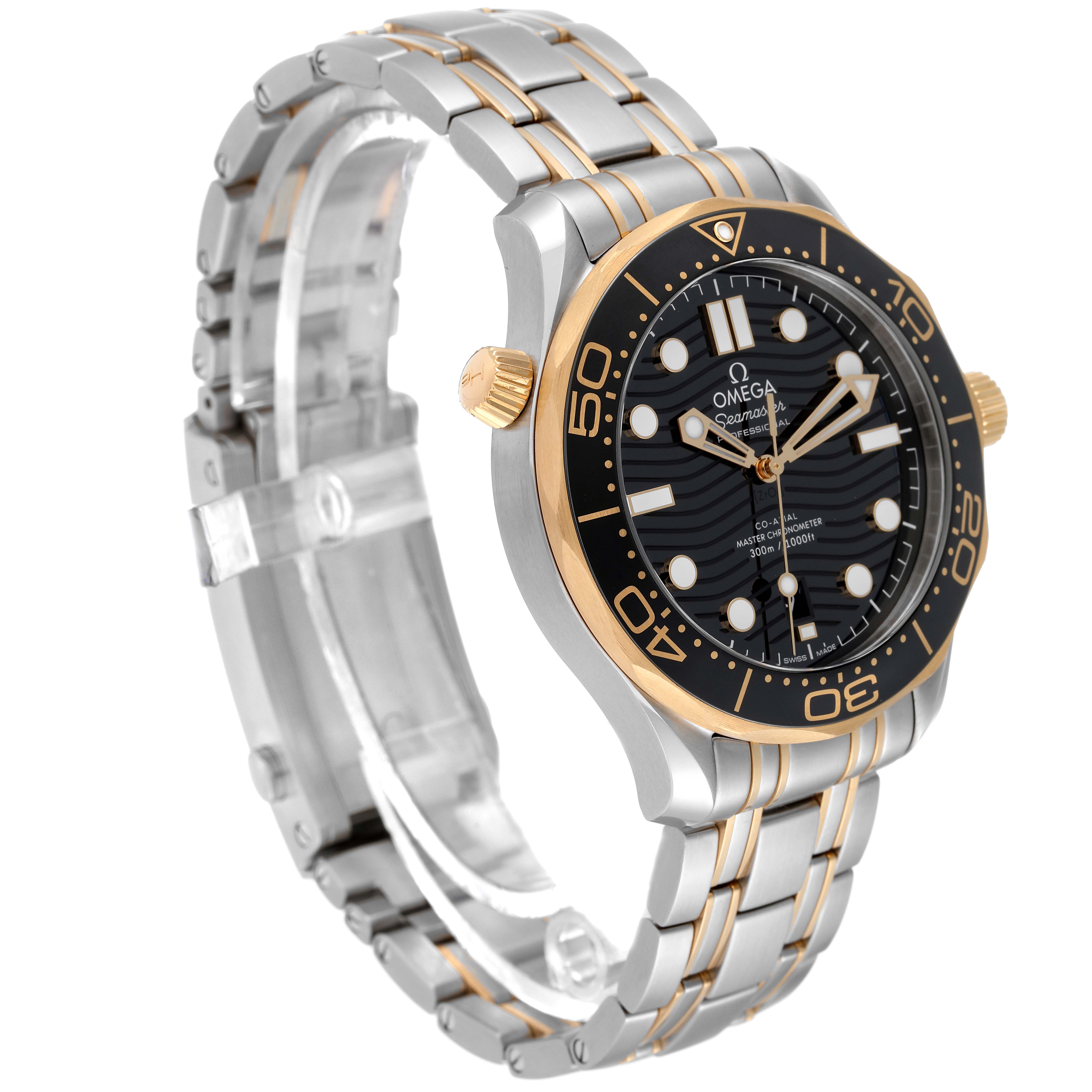 The image shows an angled view of the Omega Seamaster 210.20.42.20.01.002 Men's Steel and Gold (two tone) Black Dial 210.20.42.20.01.002 Men's Steel and Gold (two tone) Black Dial watch, highlighting the face, bezel, crown, and bracelet.