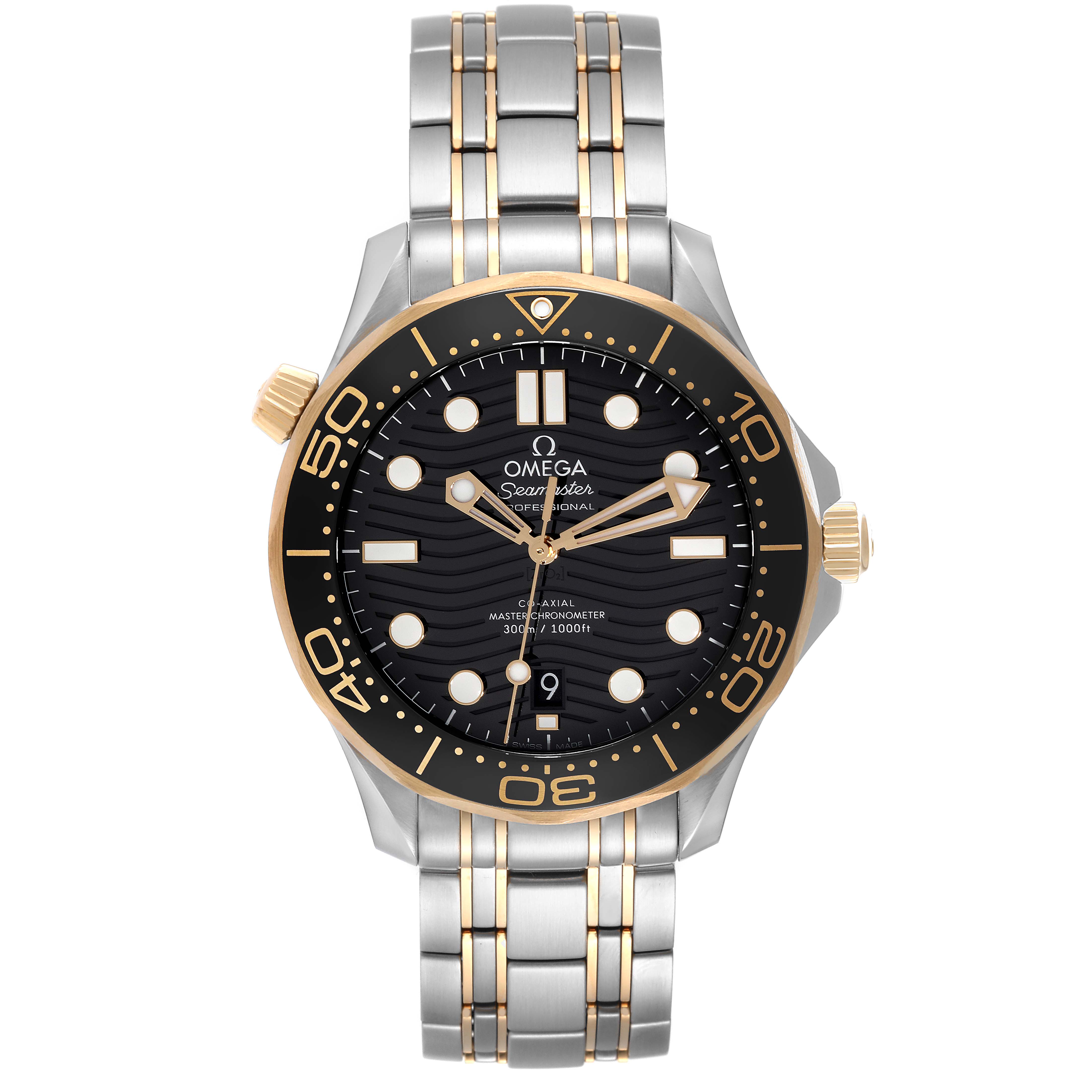 The image shows a front angle of the Omega Seamaster 210.20.42.20.01.002 Men's Steel and Gold (two tone) Black Dial 210.20.42.20.01.002 Men's Steel and Gold (two tone) Black Dial watch, highlighting its face, bezel, crown, and bracelet.