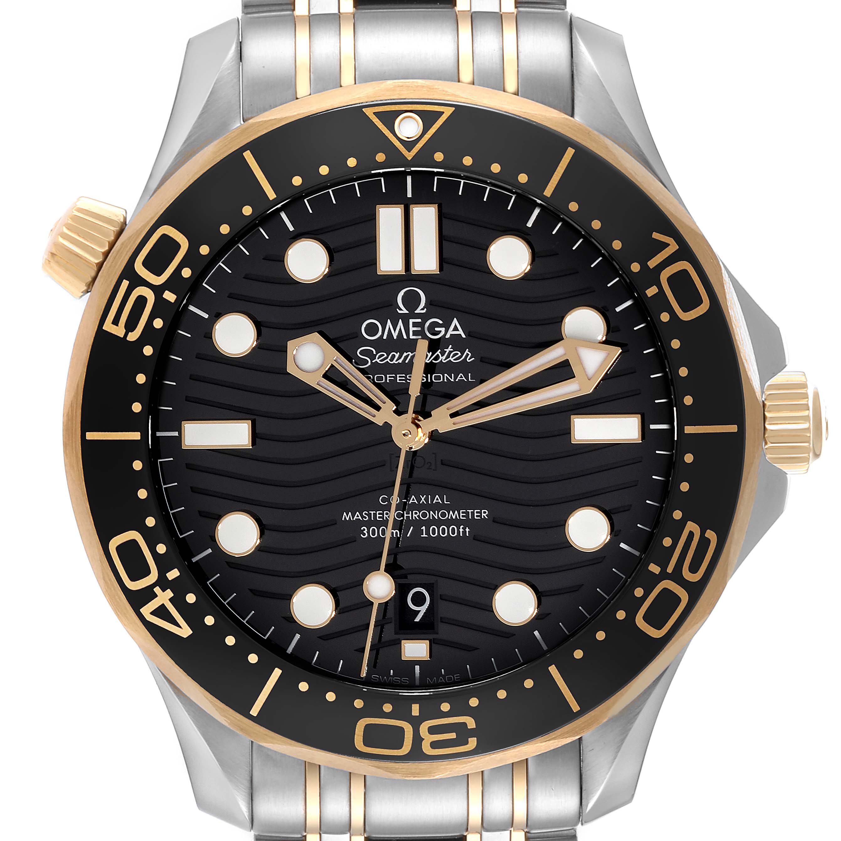 The Omega Seamaster 210.20.42.20.01.002 Men's Steel and Gold (two tone) Black Dial 210.20.42.20.01.002 Men's Steel and Gold (two tone) Black Dial watch is shown from the front, displaying the dial, hands, bezel, and part of the bracelet.