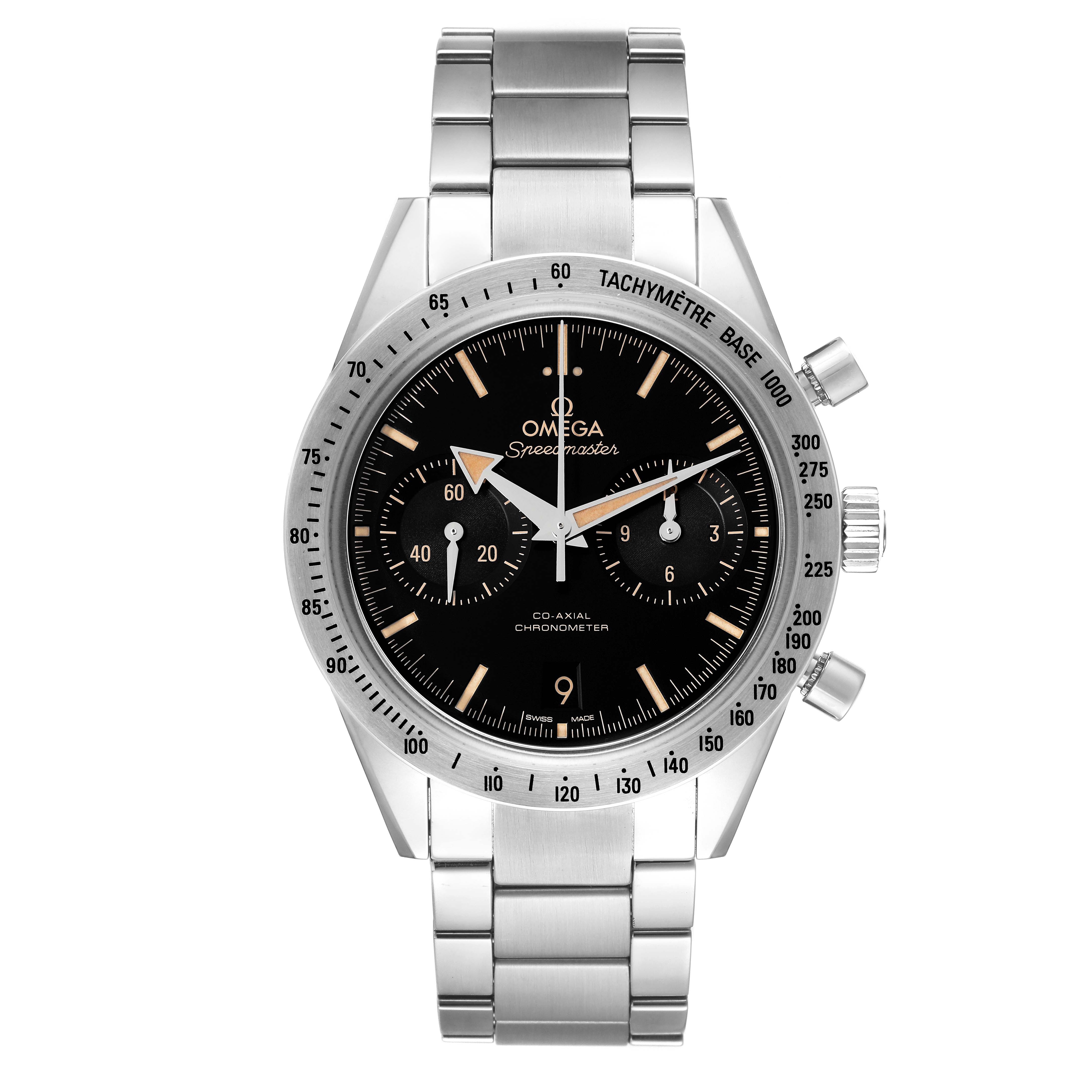 The image shows a front view of the Omega Speedmaster 331.10.42.51.01.002 Men's Stainless Steel Black Dial 331.10.42.51.01.002 Men's Stainless Steel Black Dial watch, displaying the dial, bezel, indices, and bracelet.