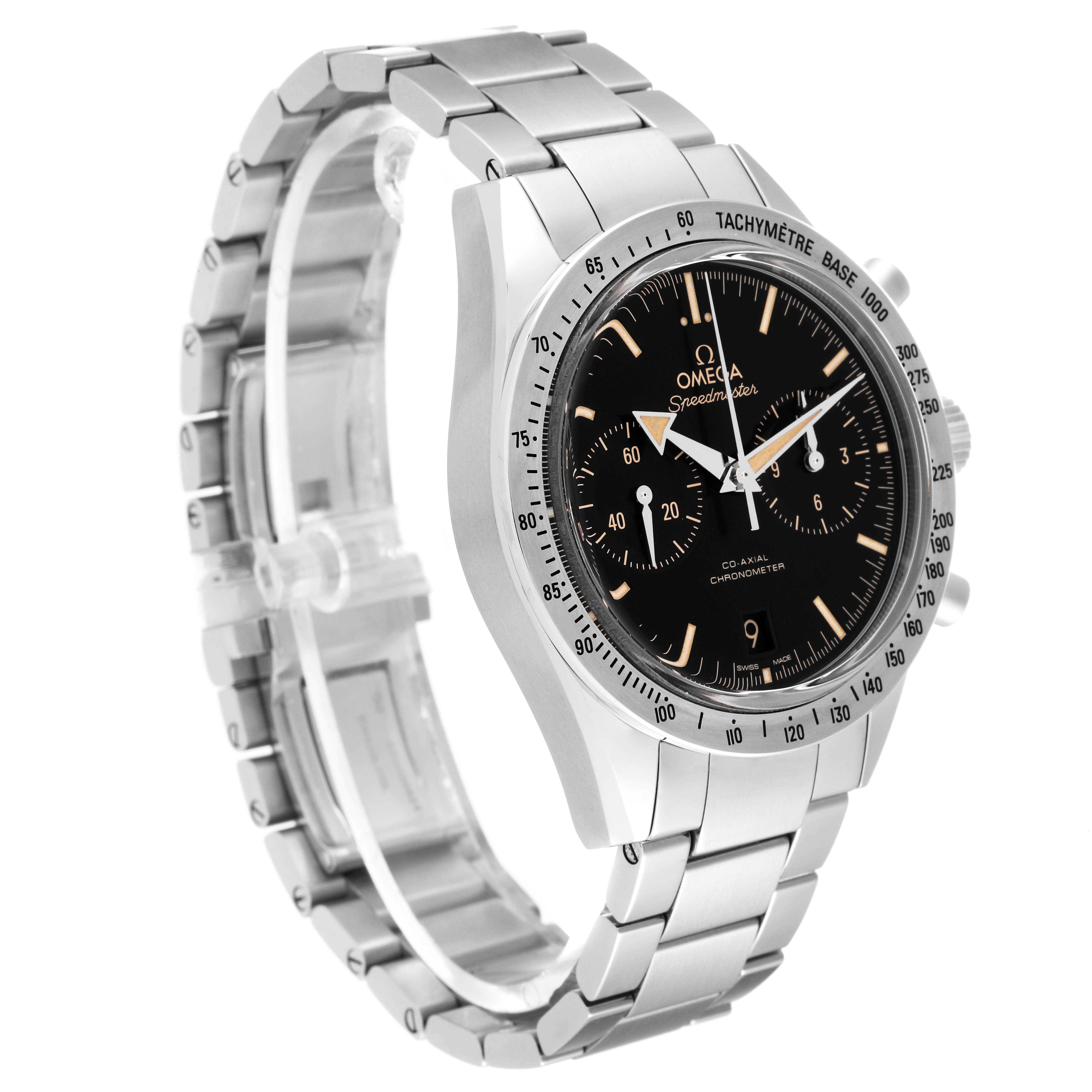The image shows an Omega Speedmaster 331.10.42.51.01.002 Men's Stainless Steel Black Dial 331.10.42.51.01.002 Men's Stainless Steel Black Dial watch at a three-quarter angle, spotlighting the face, bezel, and stainless steel bracelet.
