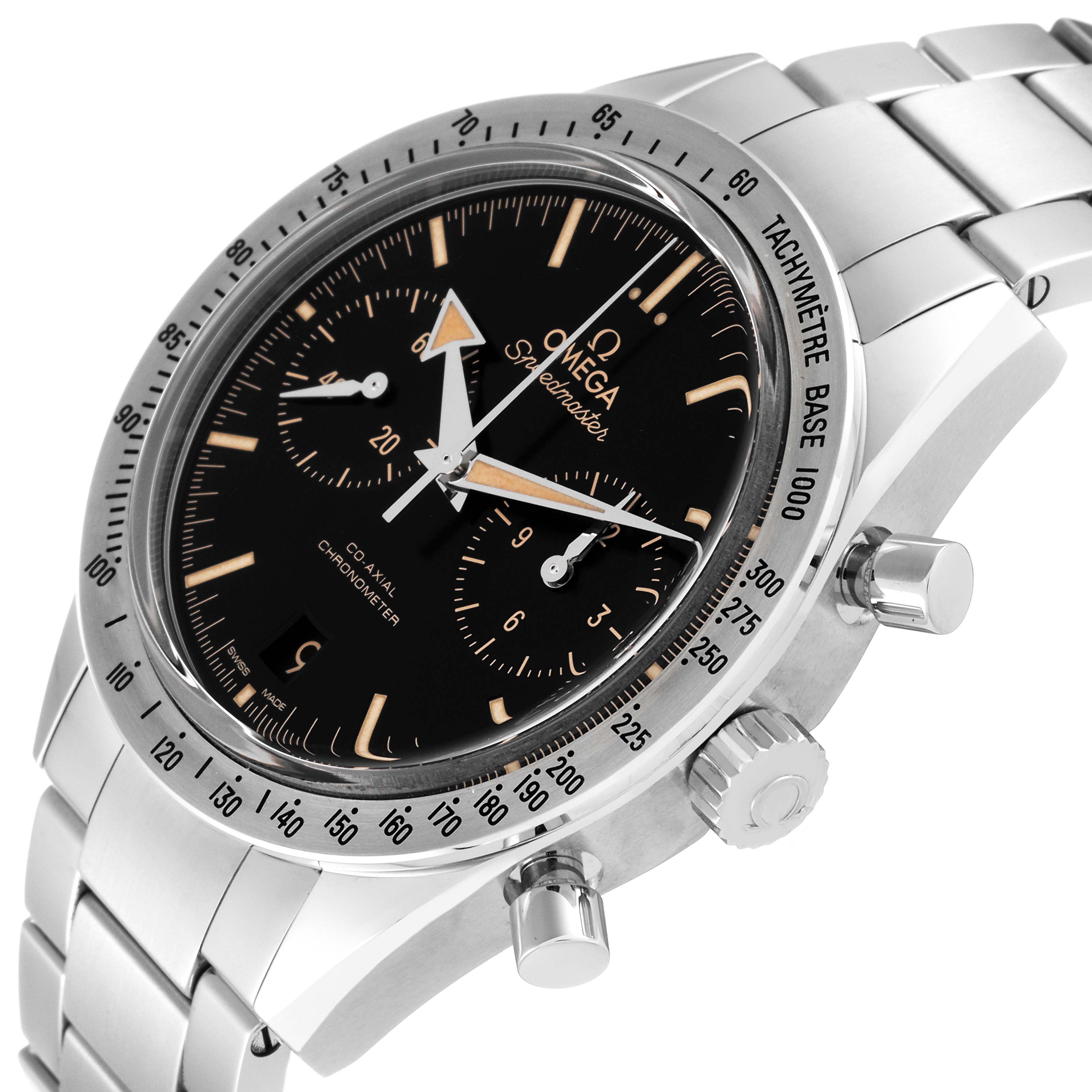 The Omega Speedmaster 331.10.42.51.01.002 Men's Stainless Steel Black Dial 331.10.42.51.01.002 Men's Stainless Steel Black Dial watch is shown at an angled view, highlighting the dial, bezel, and stainless steel bracelet.