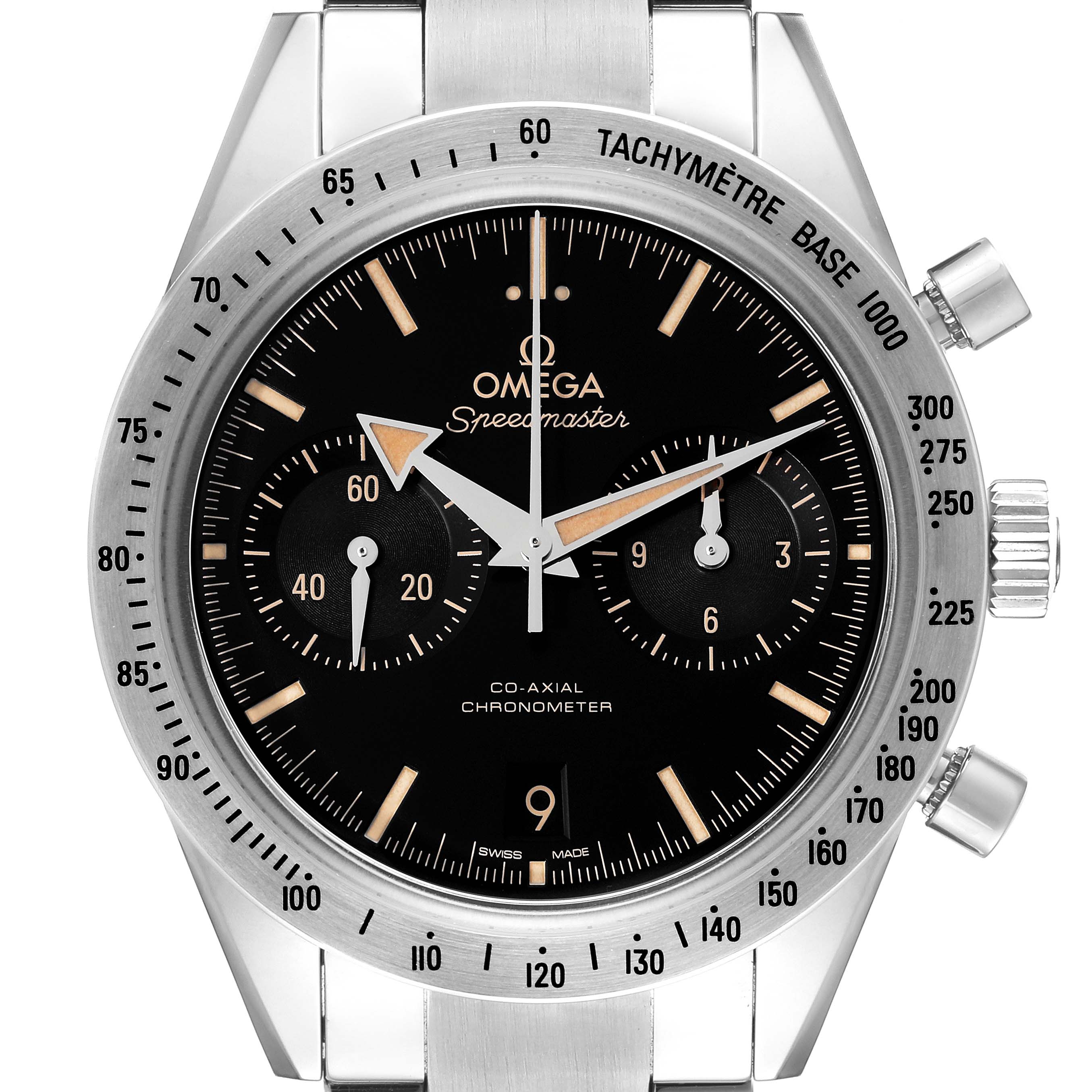 The image shows a front view of the Omega Speedmaster 331.10.42.51.01.002 Men's Stainless Steel Black Dial 331.10.42.51.01.002 Men's Stainless Steel Black Dial watch, highlighting its dial, subdials, and tachymeter bezel.