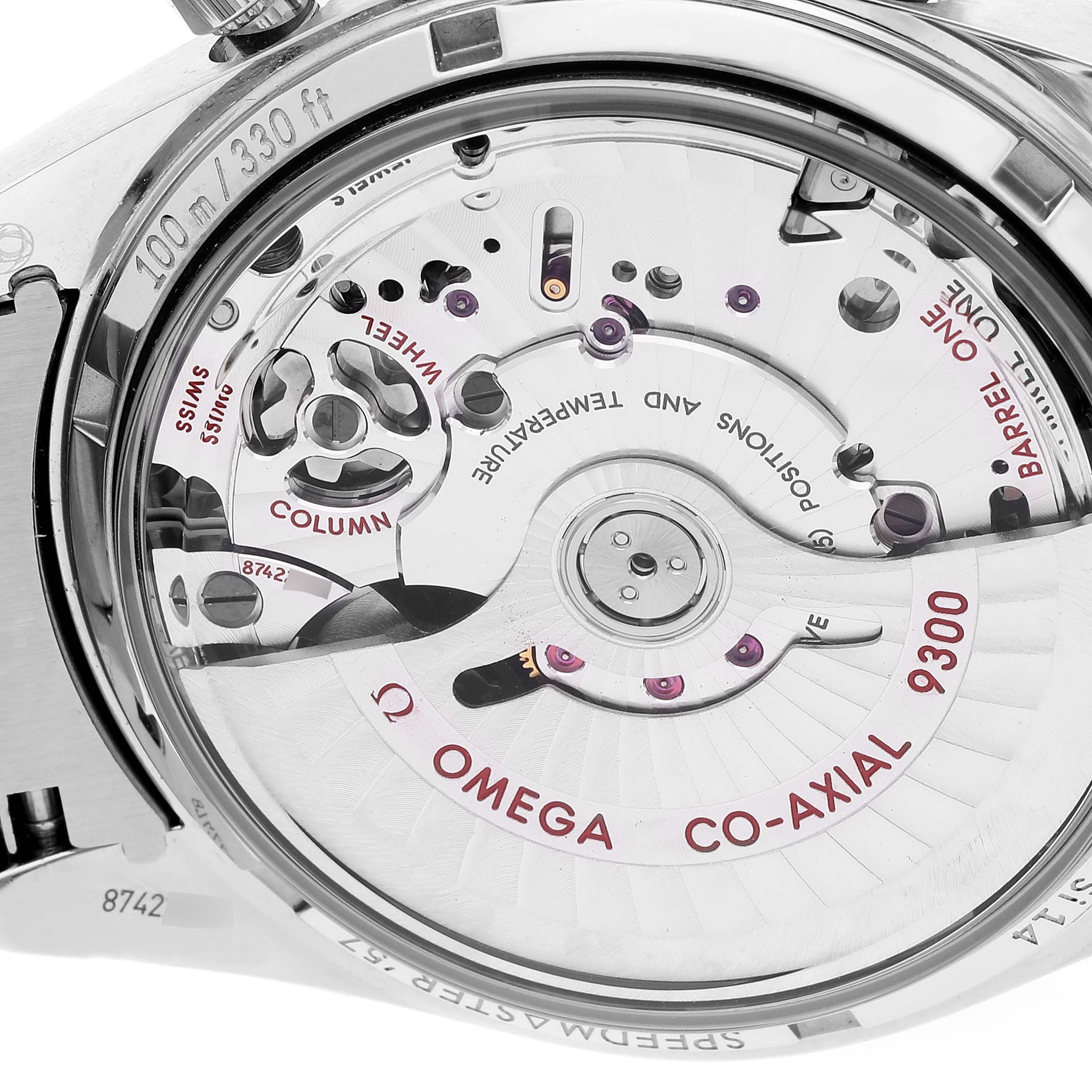 The image shows the back view of the Omega Speedmaster 331.10.42.51.01.002 Men's Stainless Steel Black Dial 331.10.42.51.01.002 Men's Stainless Steel Black Dial watch, highlighting its co-axial movement parts.