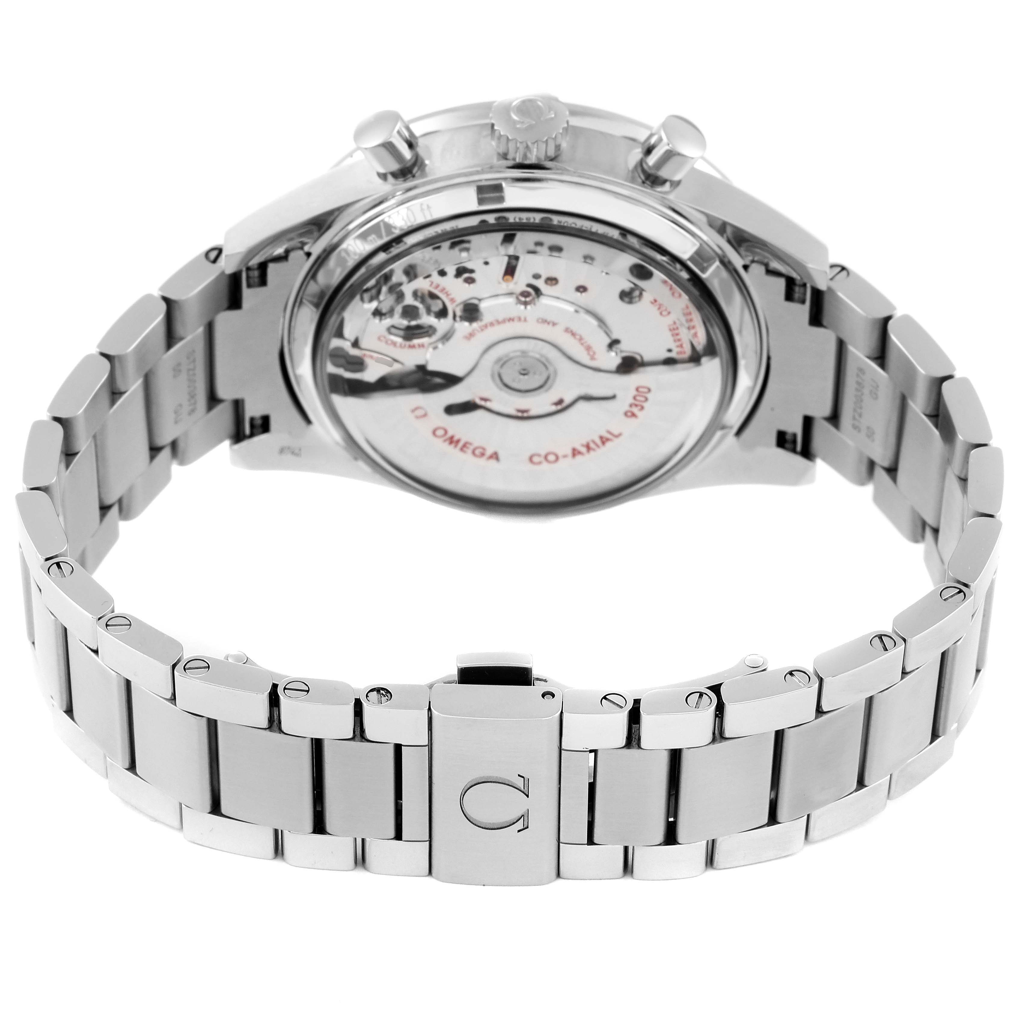 The image shows the back view of an Omega Speedmaster 331.10.42.51.01.002 Men's Stainless Steel Black Dial 331.10.42.51.01.002 Men's Stainless Steel Black Dial watch, highlighting its movement and stainless steel bracelet.